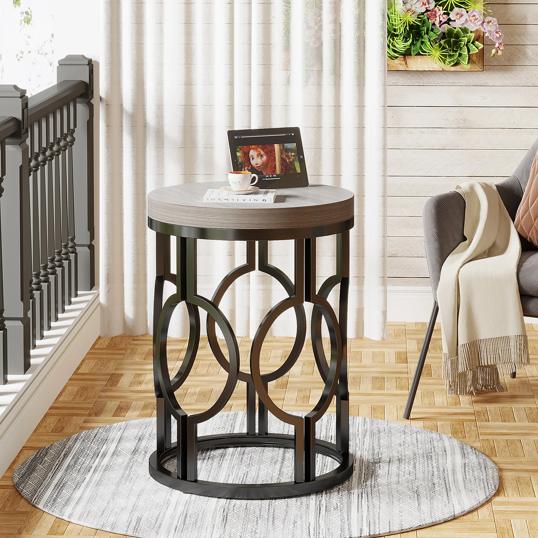 Small Round End Table, Industrial Metal Frame Side Table for Living Room & Bedroom - Image 16