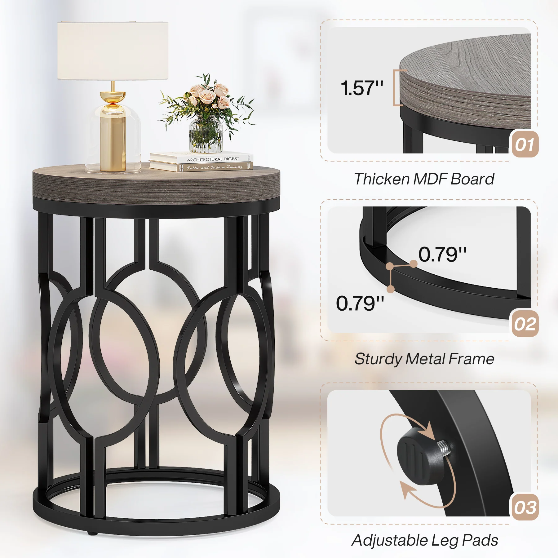 Small Round End Table, Industrial Metal Frame Side Table for Living Room & Bedroom - Image 19