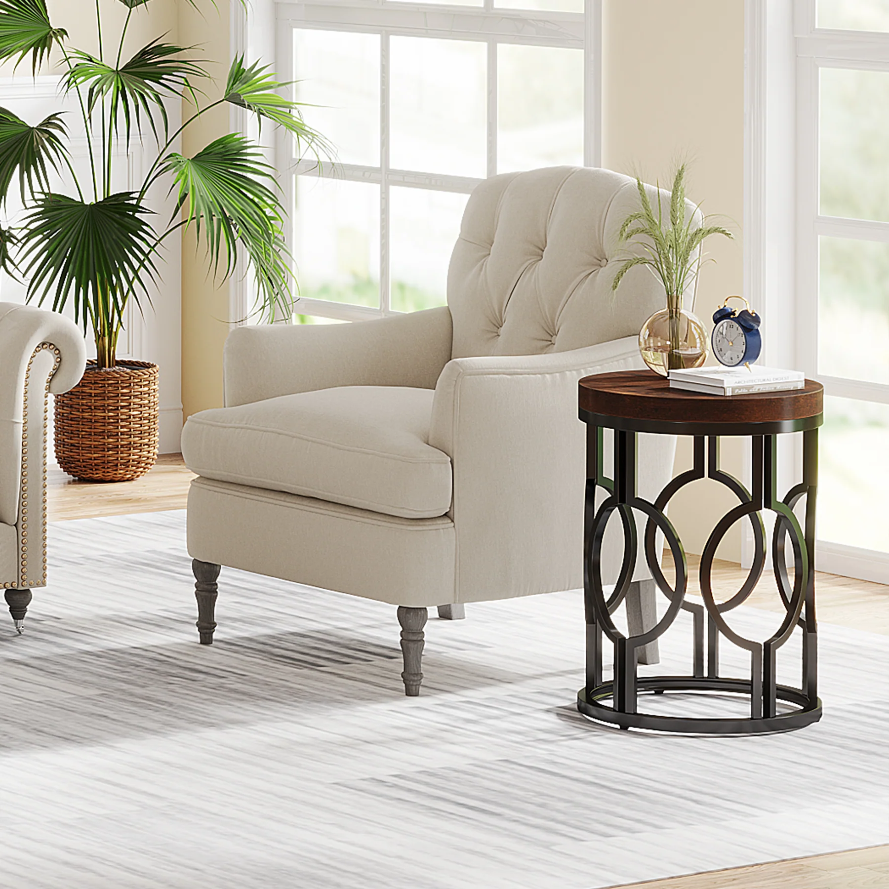 Small Round End Table, Industrial Metal Frame Side Table for Living Room & Bedroom - Image 3