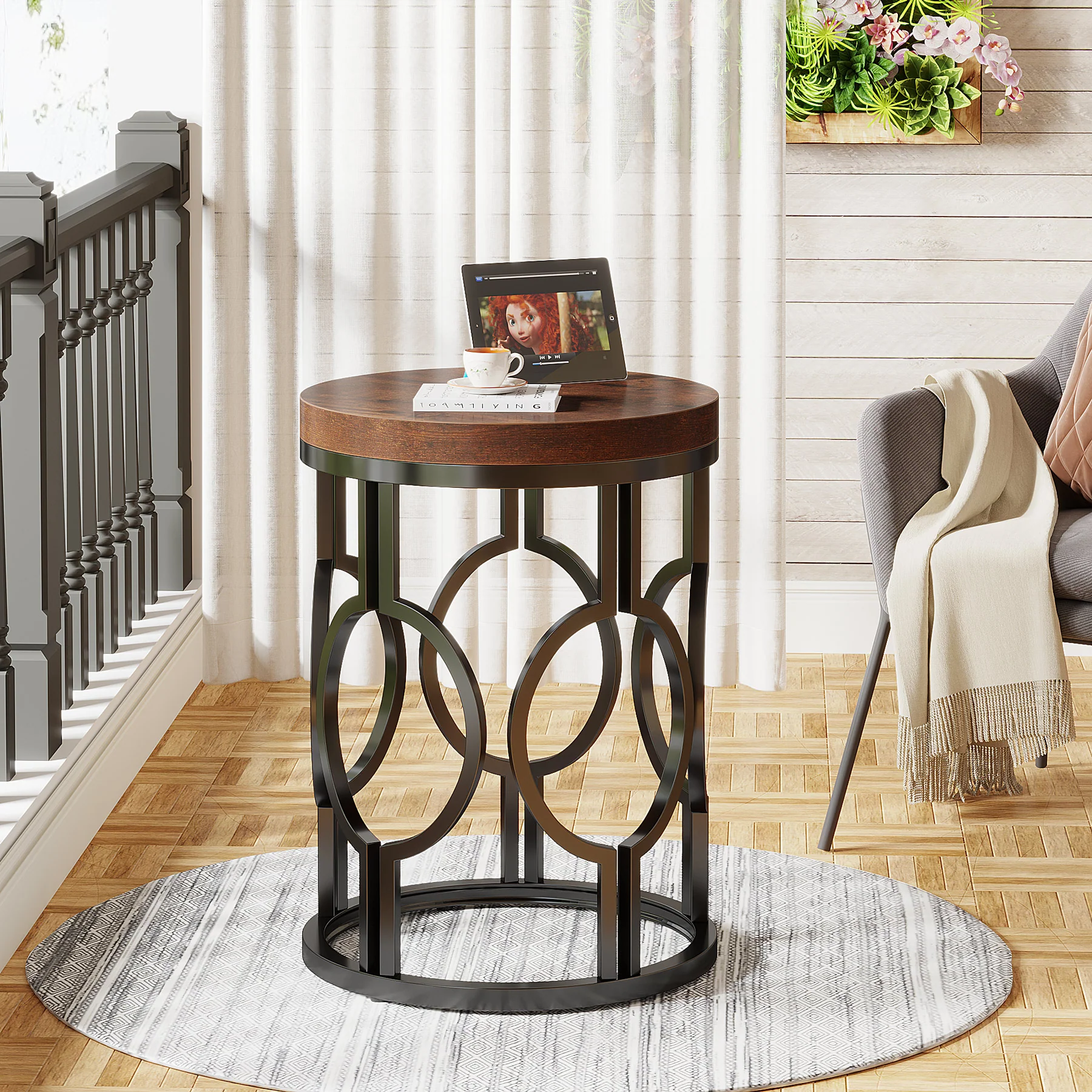 Small Round End Table, Industrial Metal Frame Side Table for Living Room & Bedroom - Image 8