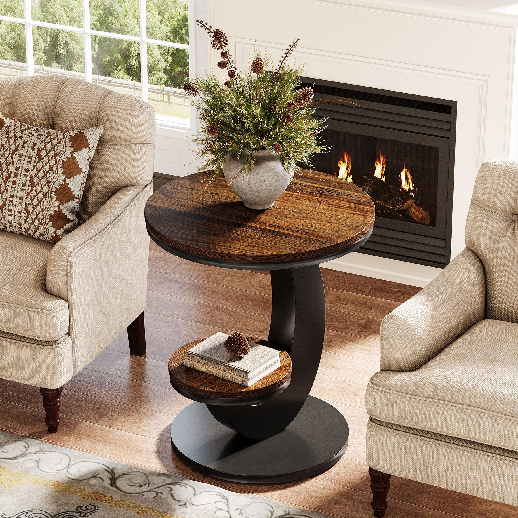 2 Tiers End Table, Sofa Side Bedside Table Nightstand with Arc-Shaped Frame - Image 4