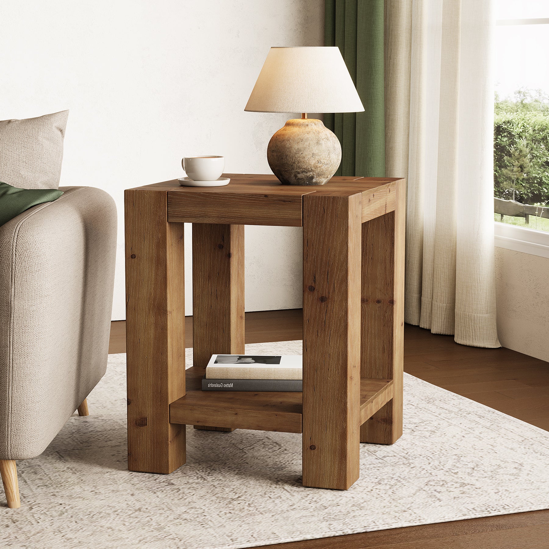19.6" Farmhouse Side Table, Solid Wood 2-Tier End Table with Storage Shelves
