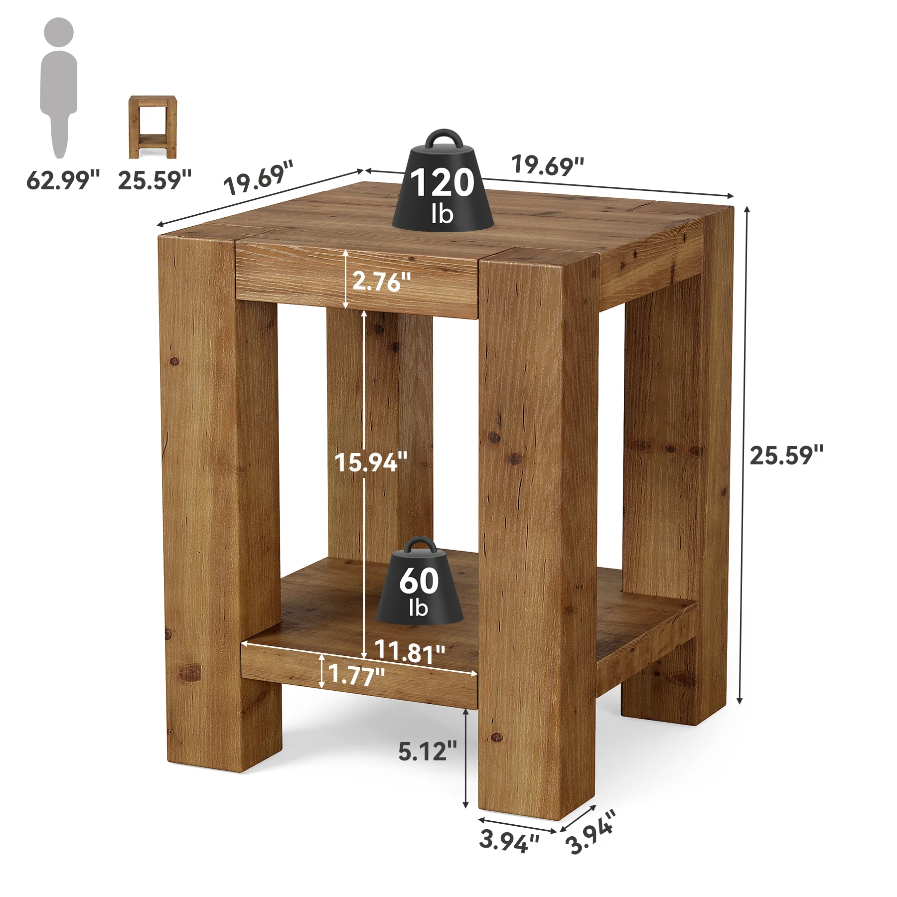 19.6" Farmhouse Side Table, Solid Wood 2-Tier End Table with Storage Shelves - Image 2