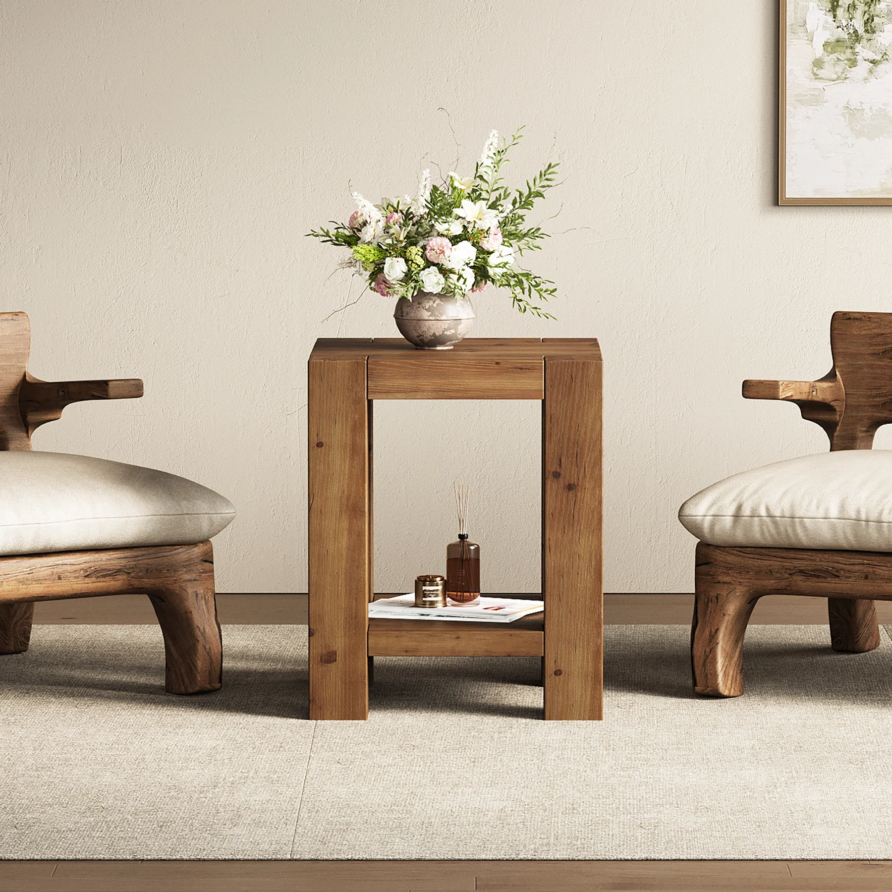 19.6" Farmhouse Side Table, Solid Wood 2-Tier End Table with Storage Shelves - Image 4