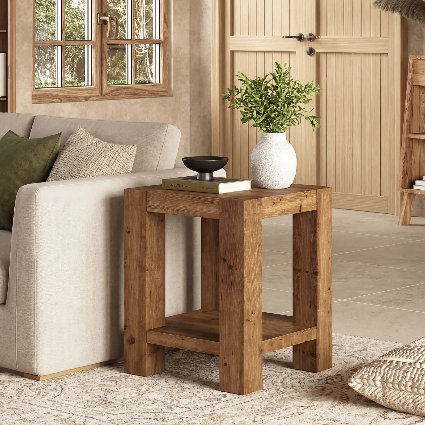 19.6" Farmhouse Side Table, Solid Wood 2-Tier End Table with Storage Shelves - Image 5