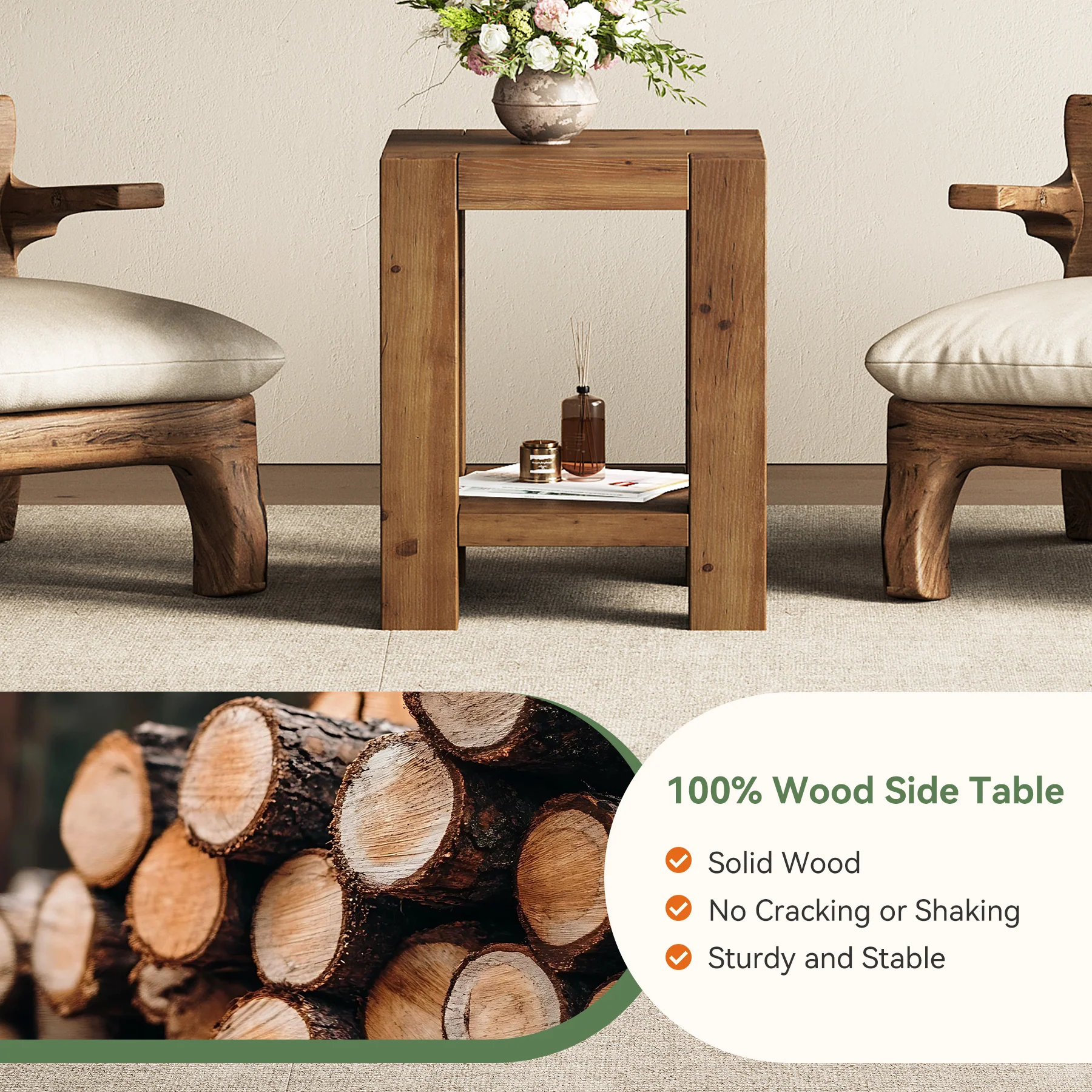 19.6" Farmhouse Side Table, Solid Wood 2-Tier End Table with Storage Shelves - Image 6