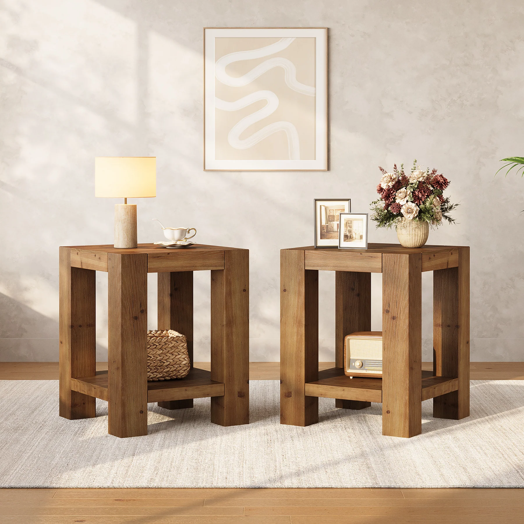19.6" Farmhouse Side Table, Solid Wood 2-Tier End Table with Storage Shelves - Image 8