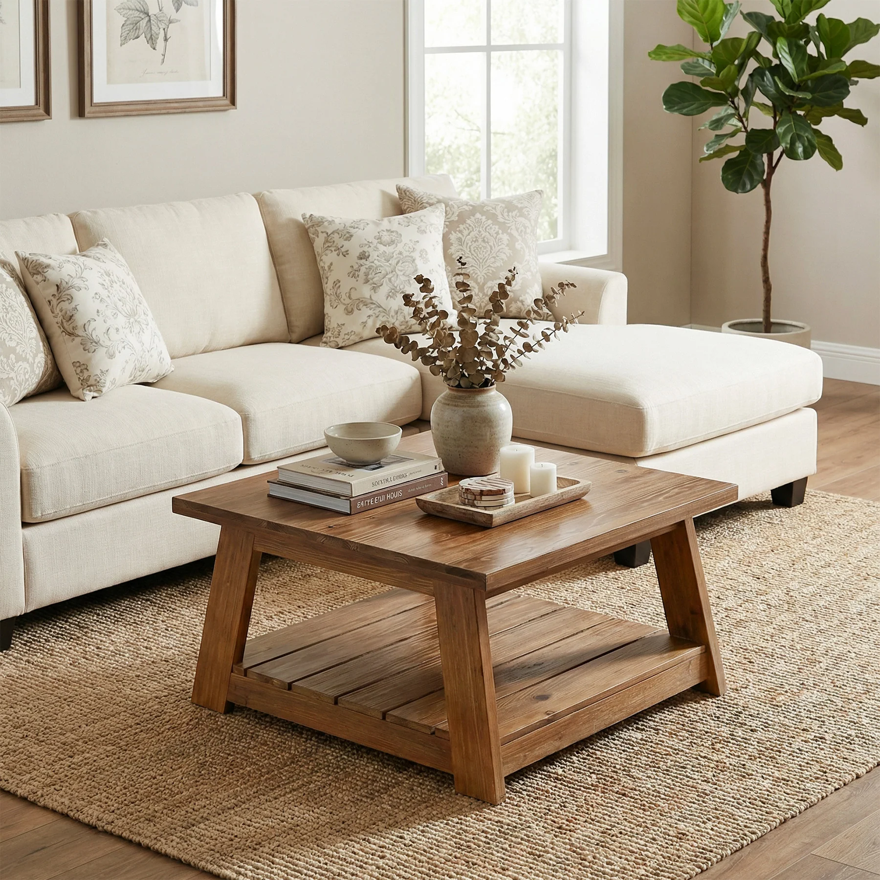 31.5" Square Coffee Table, Solid Wood 2-Tier Accent Center Cocktail Table