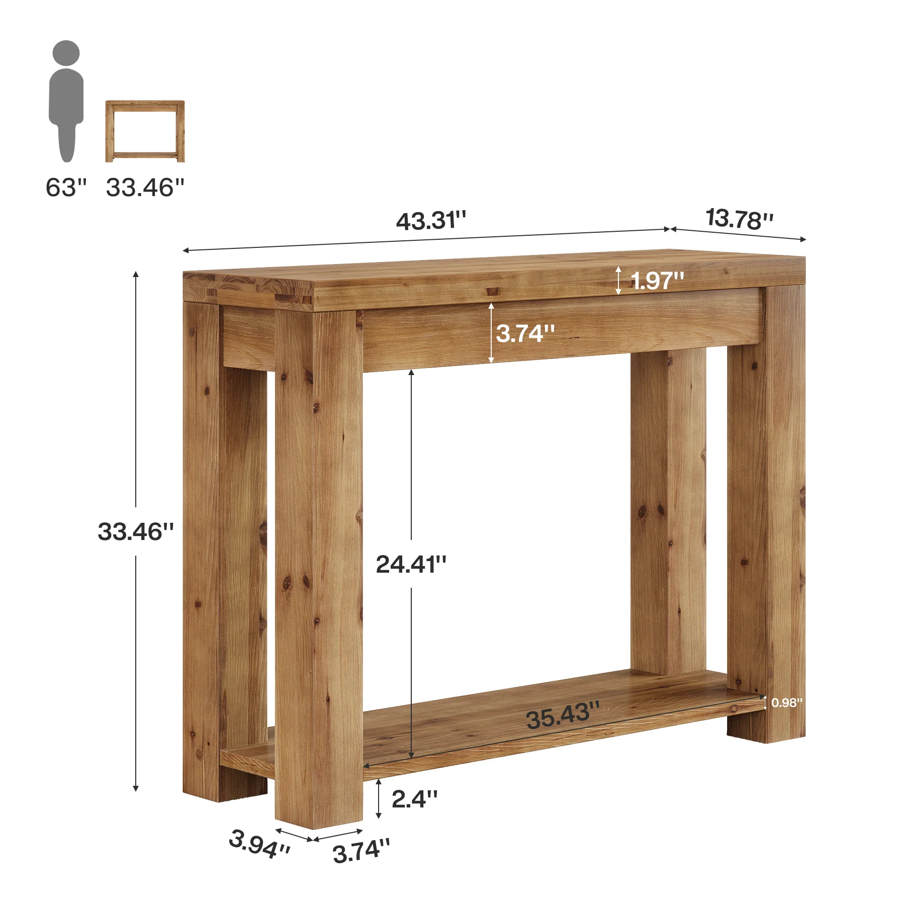 Solid Wood 43.31" Farmhouse Console Table, Narrow Entryway Sofa Table for Living Room, Hallway - Image 2
