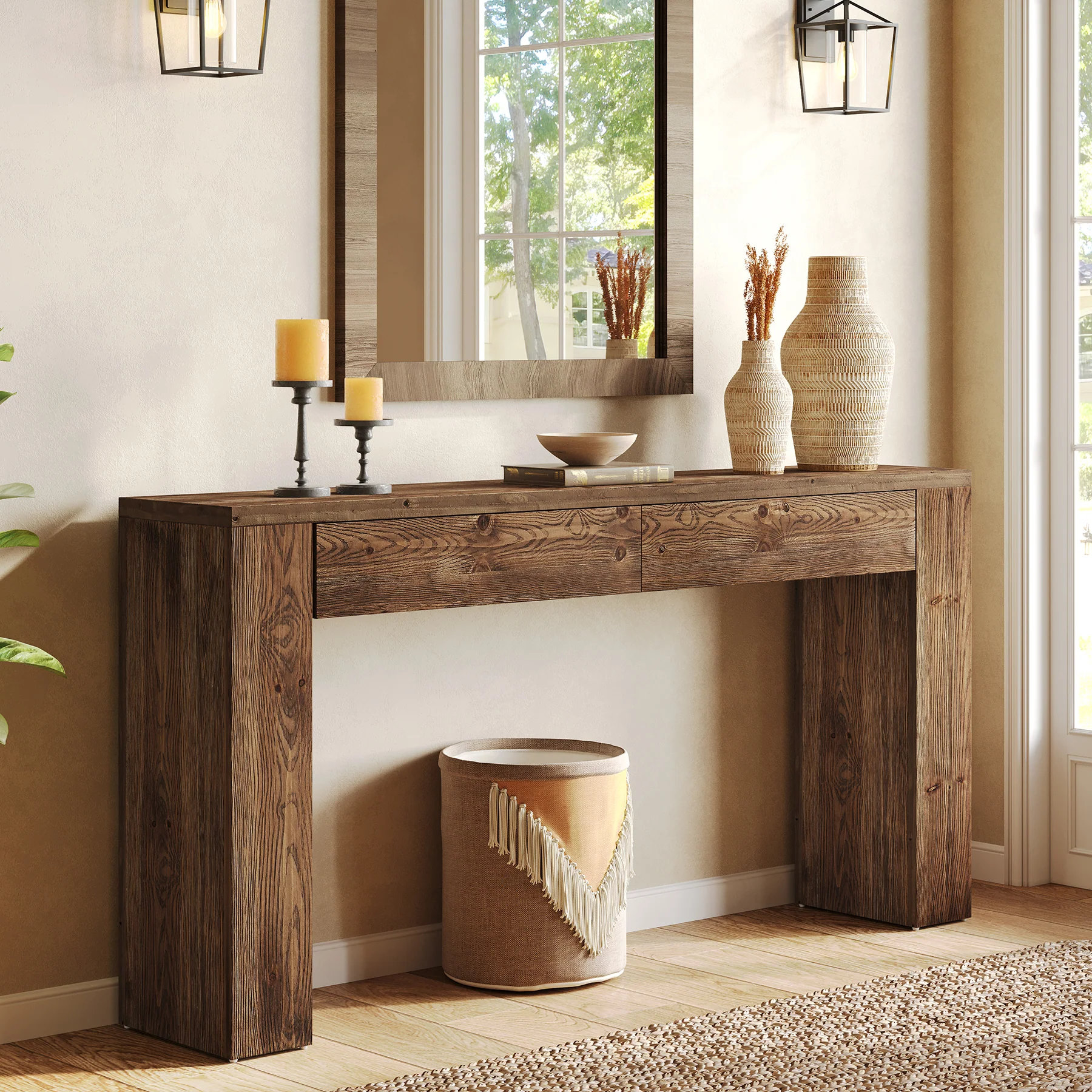 Solid Wood 63" Console Table with Hidden Storage Drawers, Sofa Table Behind Couch