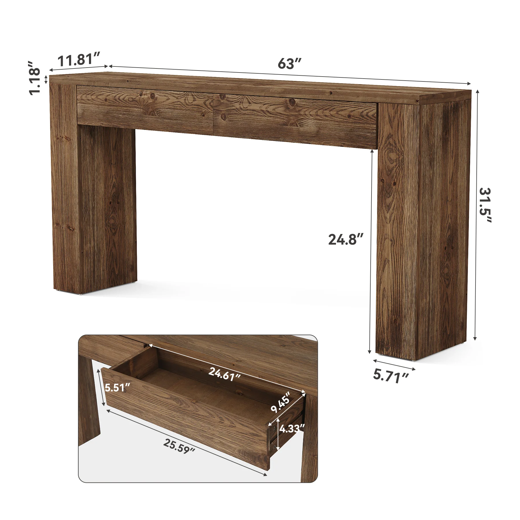Solid Wood 63" Console Table with Hidden Storage Drawers, Sofa Table Behind Couch - Image 2