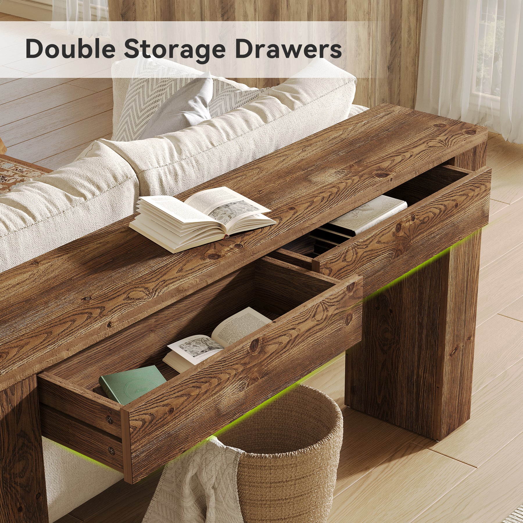 Solid Wood 63" Console Table with Hidden Storage Drawers, Sofa Table Behind Couch - Image 5