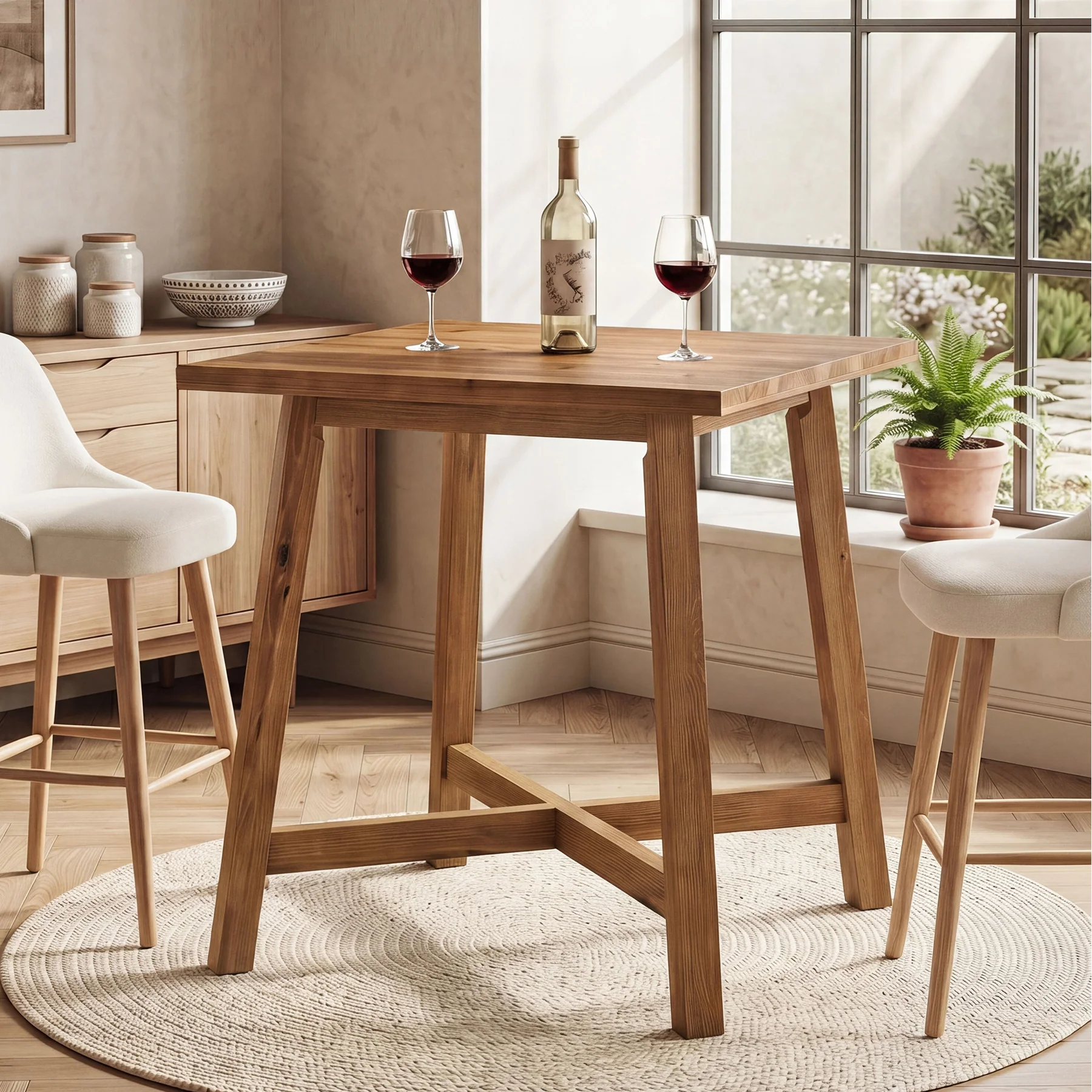 Solid Wood Bar Table, 31.5" Square Counter Height Pub Bistro Table with Footrest