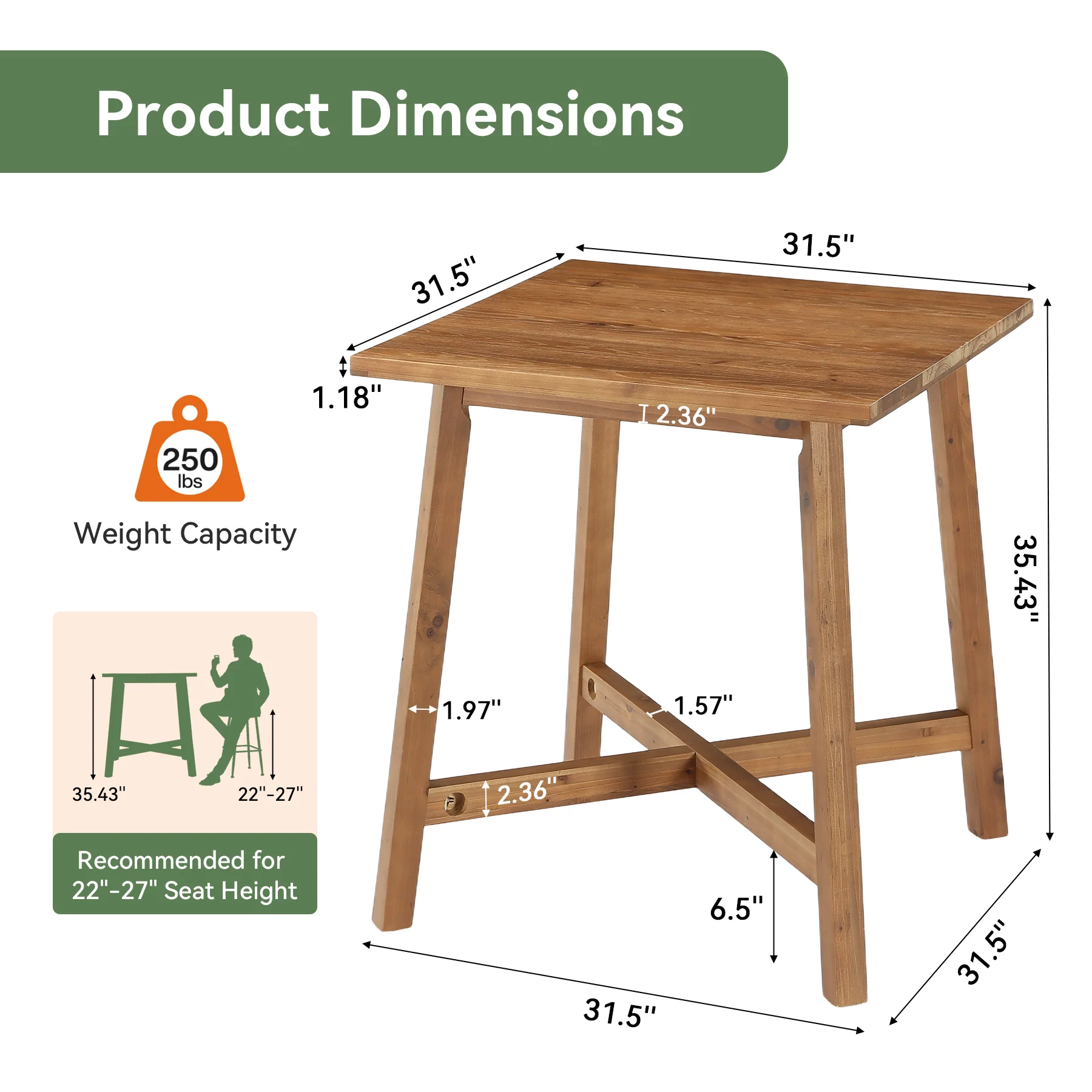 Solid Wood Bar Table, 31.5" Square Counter Height Pub Bistro Table with Footrest - Image 2