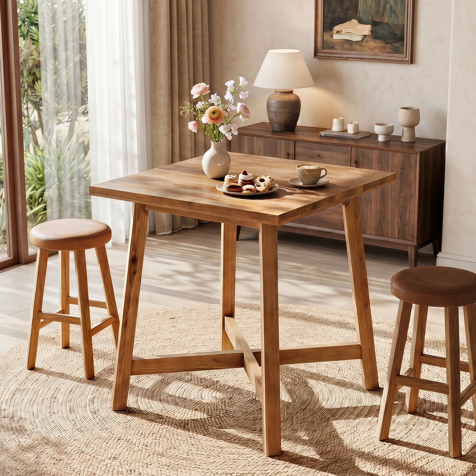 Solid Wood Bar Table, 31.5" Square Counter Height Pub Bistro Table with Footrest - Image 3