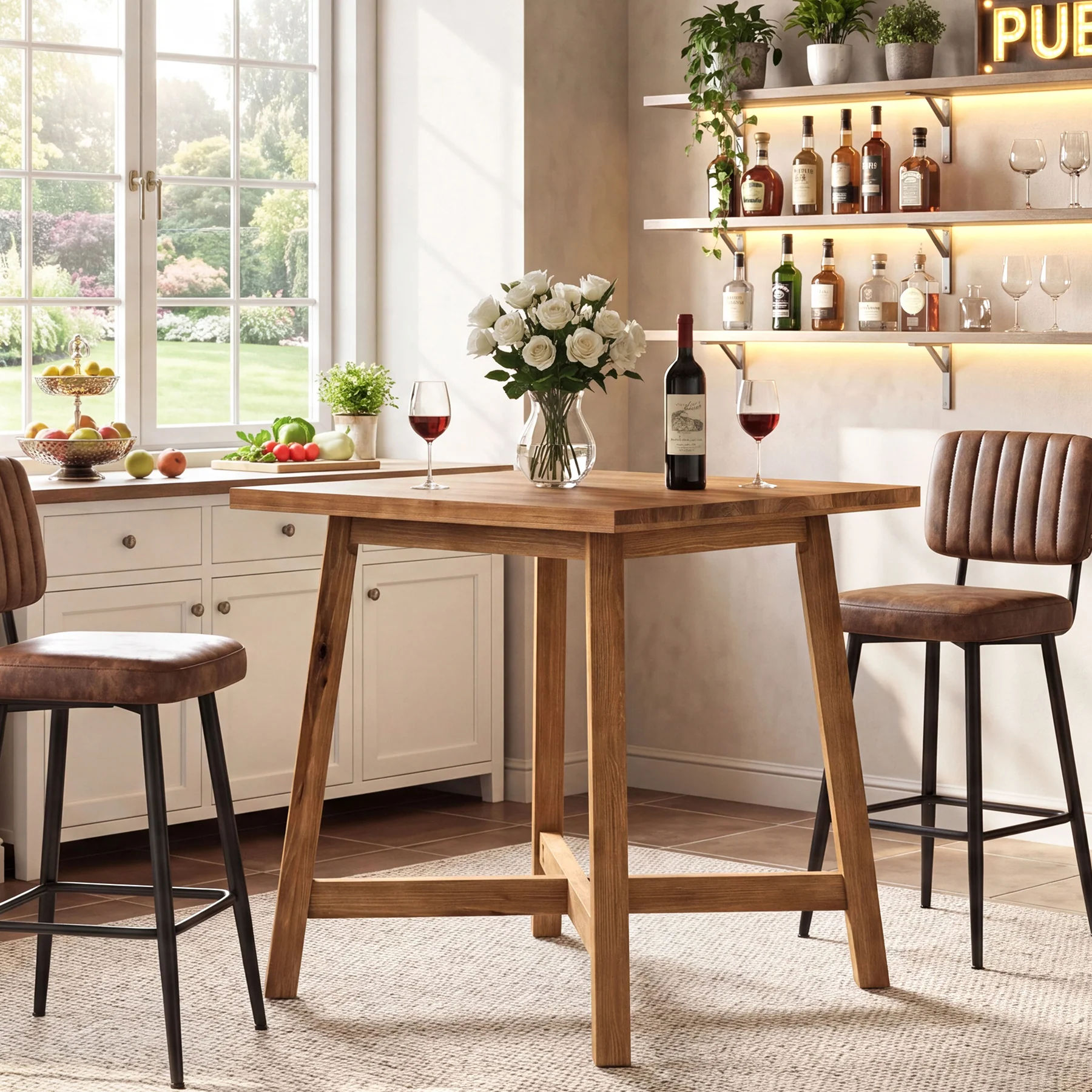 Solid Wood Bar Table, 31.5" Square Counter Height Pub Bistro Table with Footrest - Image 5
