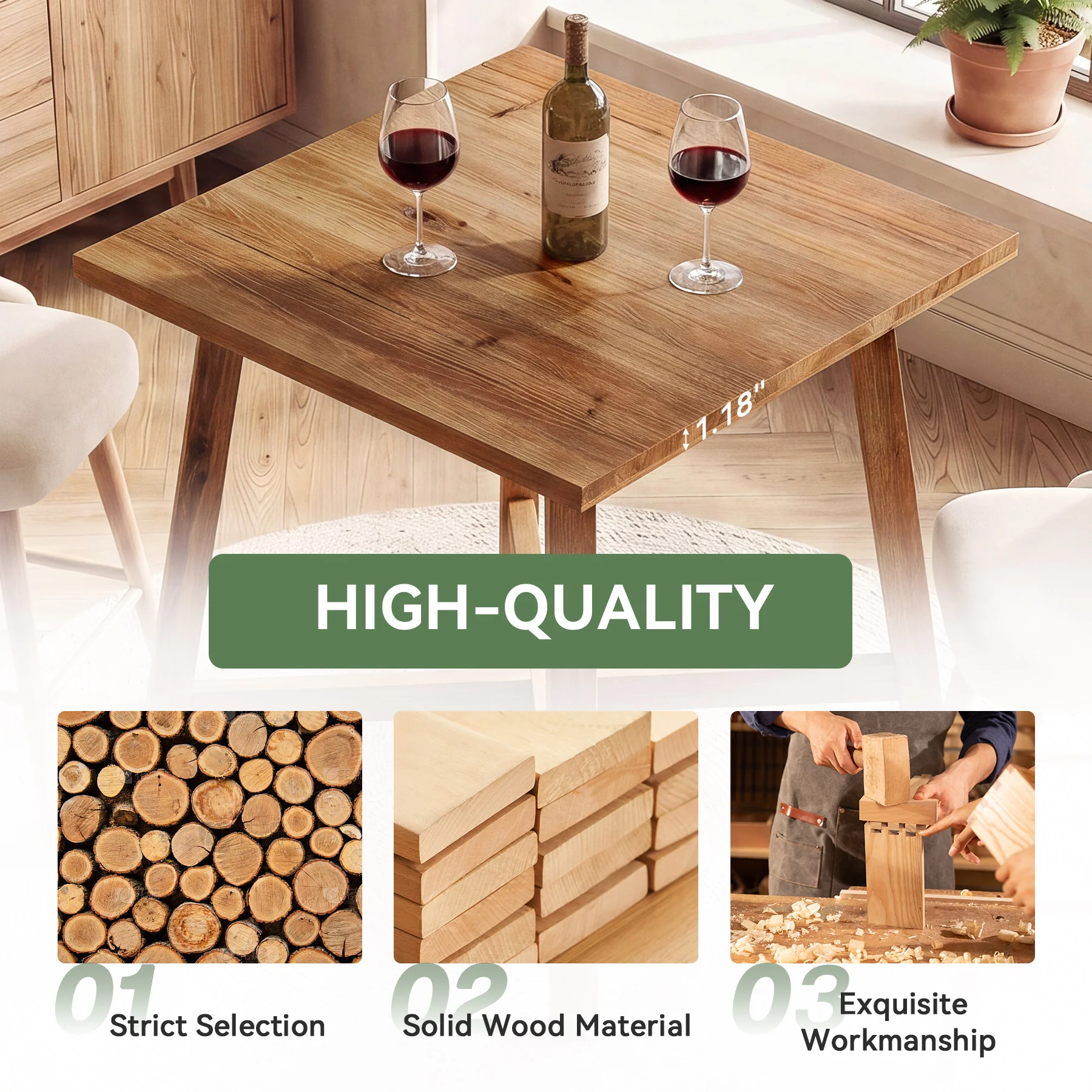 Solid Wood Bar Table, 31.5" Square Counter Height Pub Bistro Table with Footrest - Image 7