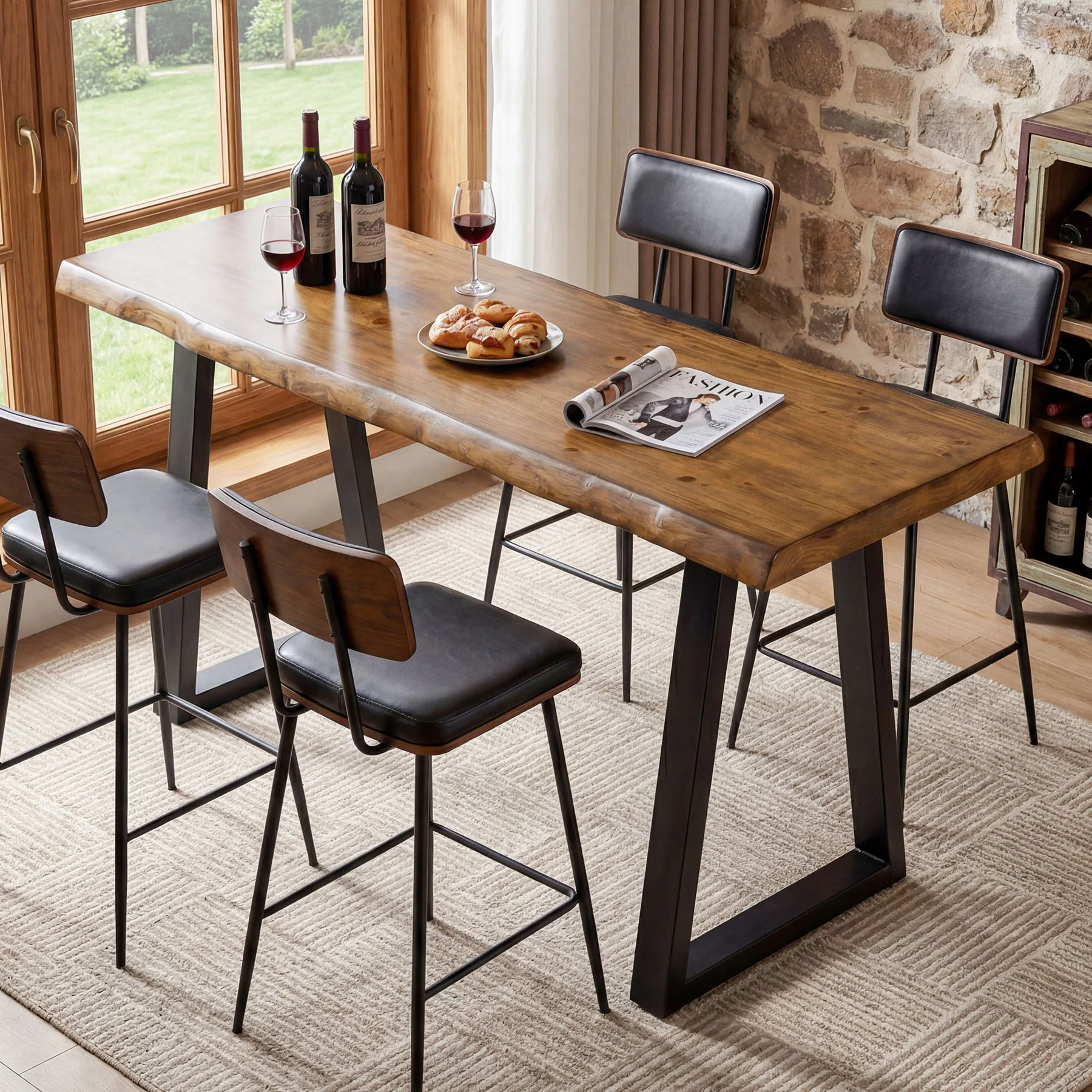 Solid Wood Bar Table, 63” Counter Height Table with Metal Legs for Kitchen - Image 3