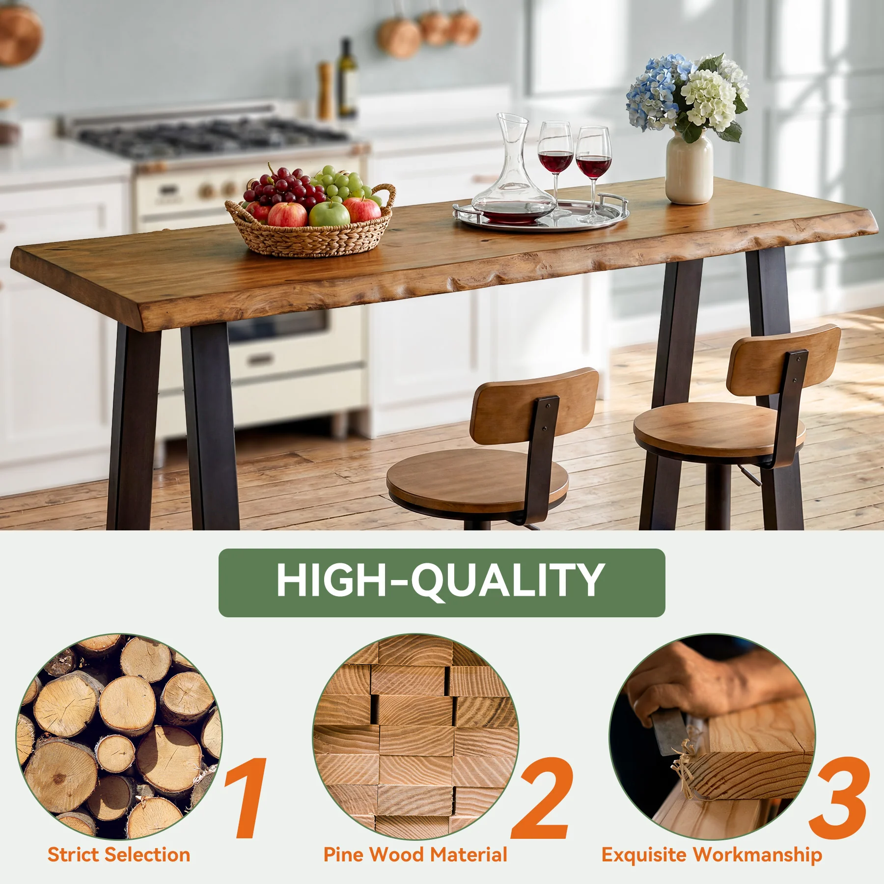 Solid Wood Bar Table, 63” Counter Height Table with Metal Legs for Kitchen - Image 7