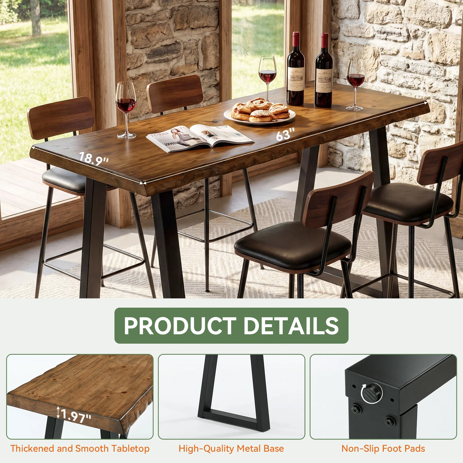 Solid Wood Bar Table, 63” Counter Height Table with Metal Legs for Kitchen - Image 8