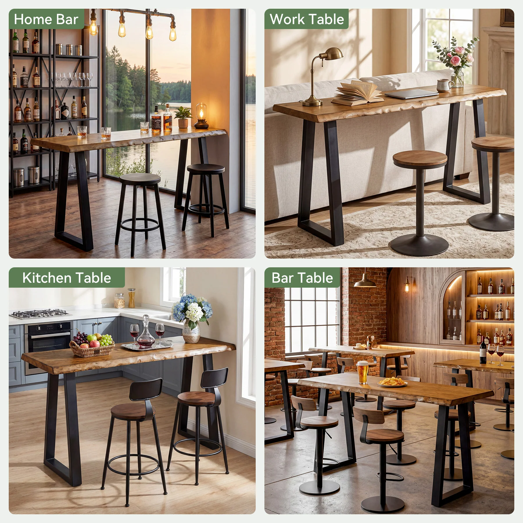 Solid Wood Bar Table, 63” Counter Height Table with Metal Legs for Kitchen - Image 9