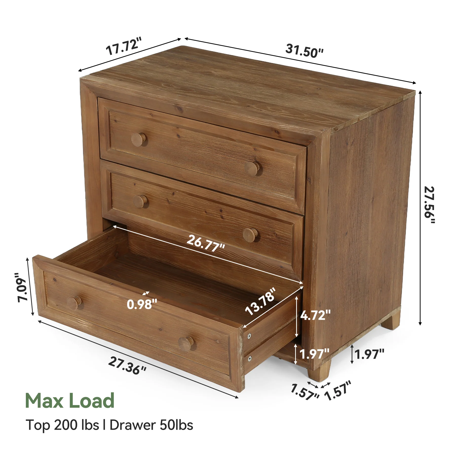 31.5" Wide Nightstand, Solid Wood Bedside Table with 3 Drawers - Image 2
