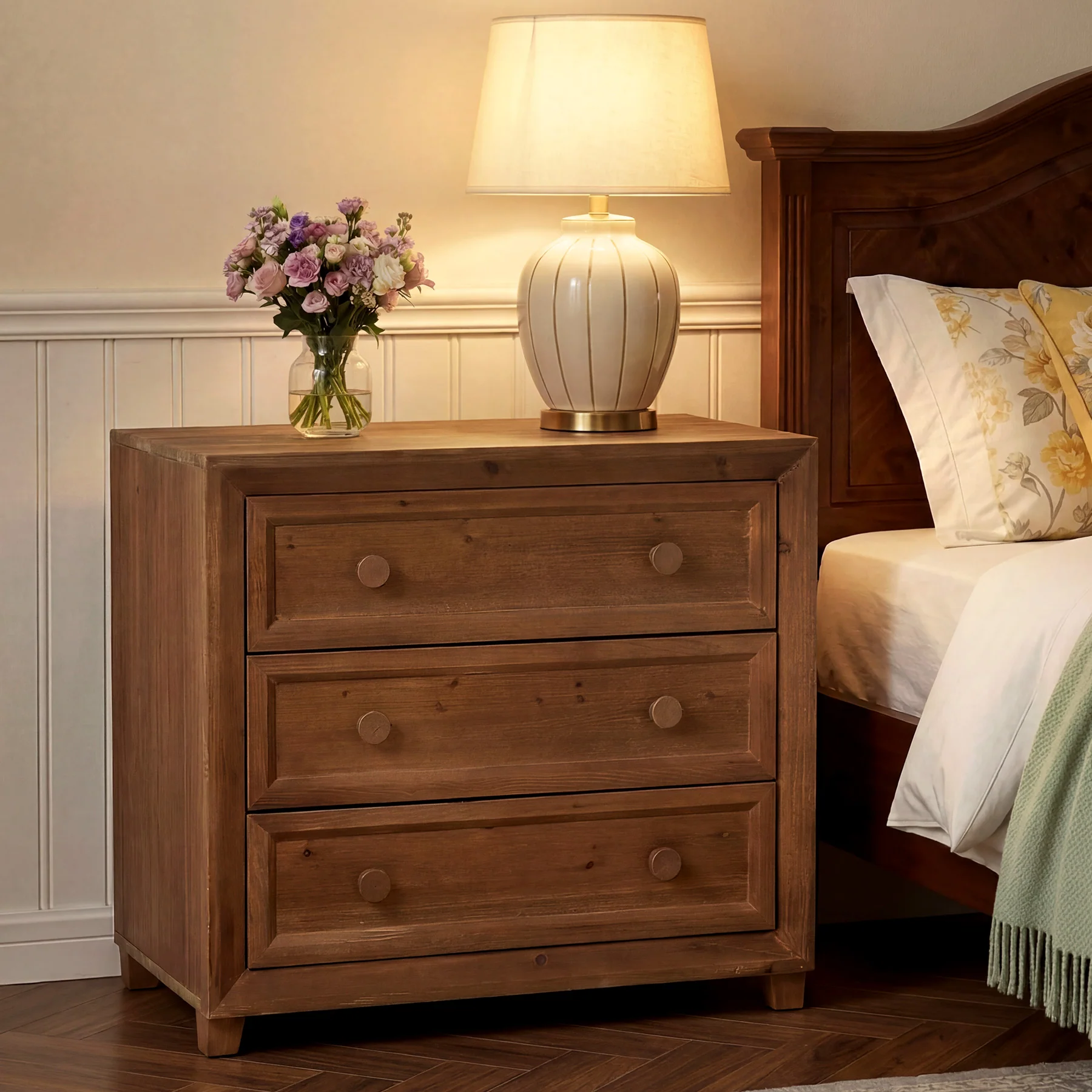 31.5" Wide Nightstand, Solid Wood Bedside Table with 3 Drawers - Image 3