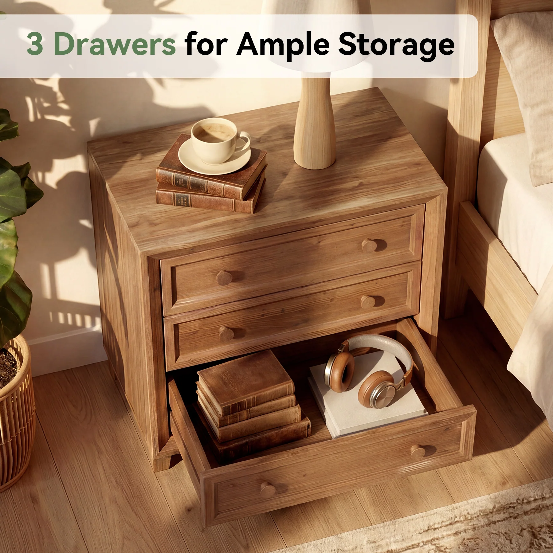 31.5" Wide Nightstand, Solid Wood Bedside Table with 3 Drawers - Image 5