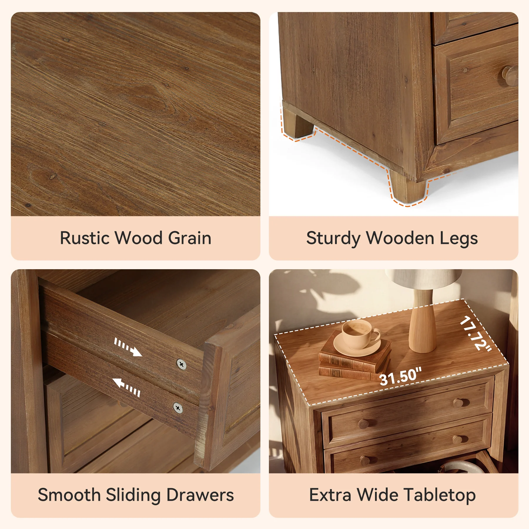 31.5" Wide Nightstand, Solid Wood Bedside Table with 3 Drawers - Image 6