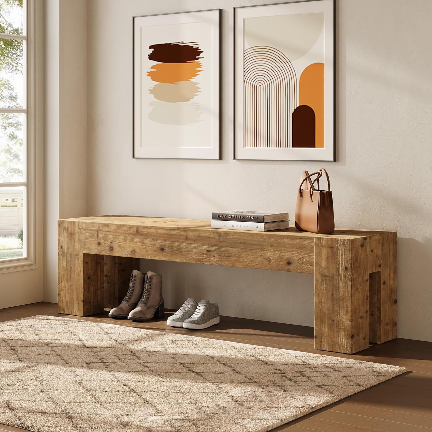63" Entryway Bench, Solid Wood Bench Heavy Duty TV Stand Media Consoles - Image 9