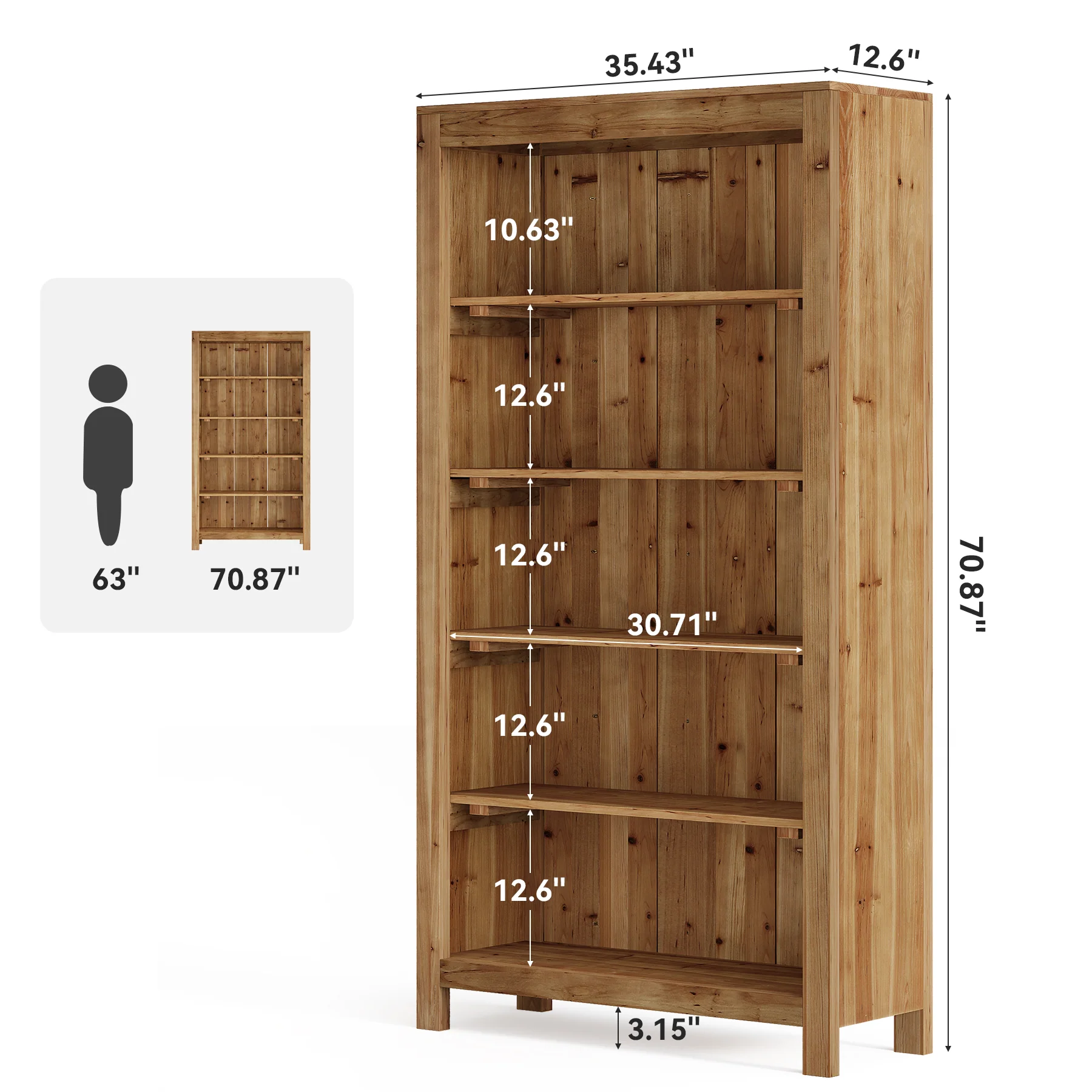 Solid Wood Bookcase, 5-Tier Bookshelf Display Storage Shelves - Image 2