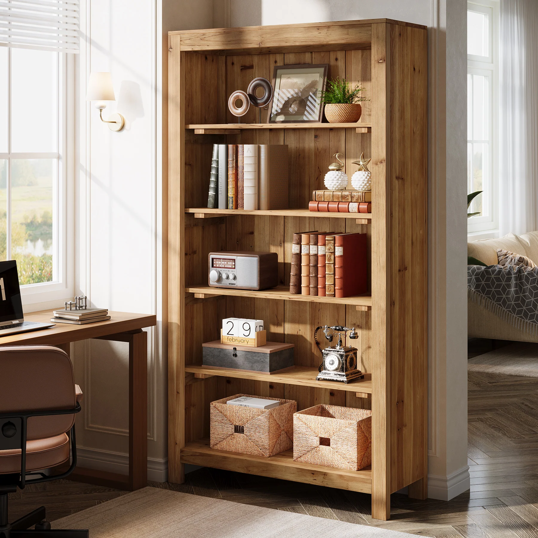 Solid Wood Bookcase, 5-Tier Bookshelf Display Storage Shelves - Image 3