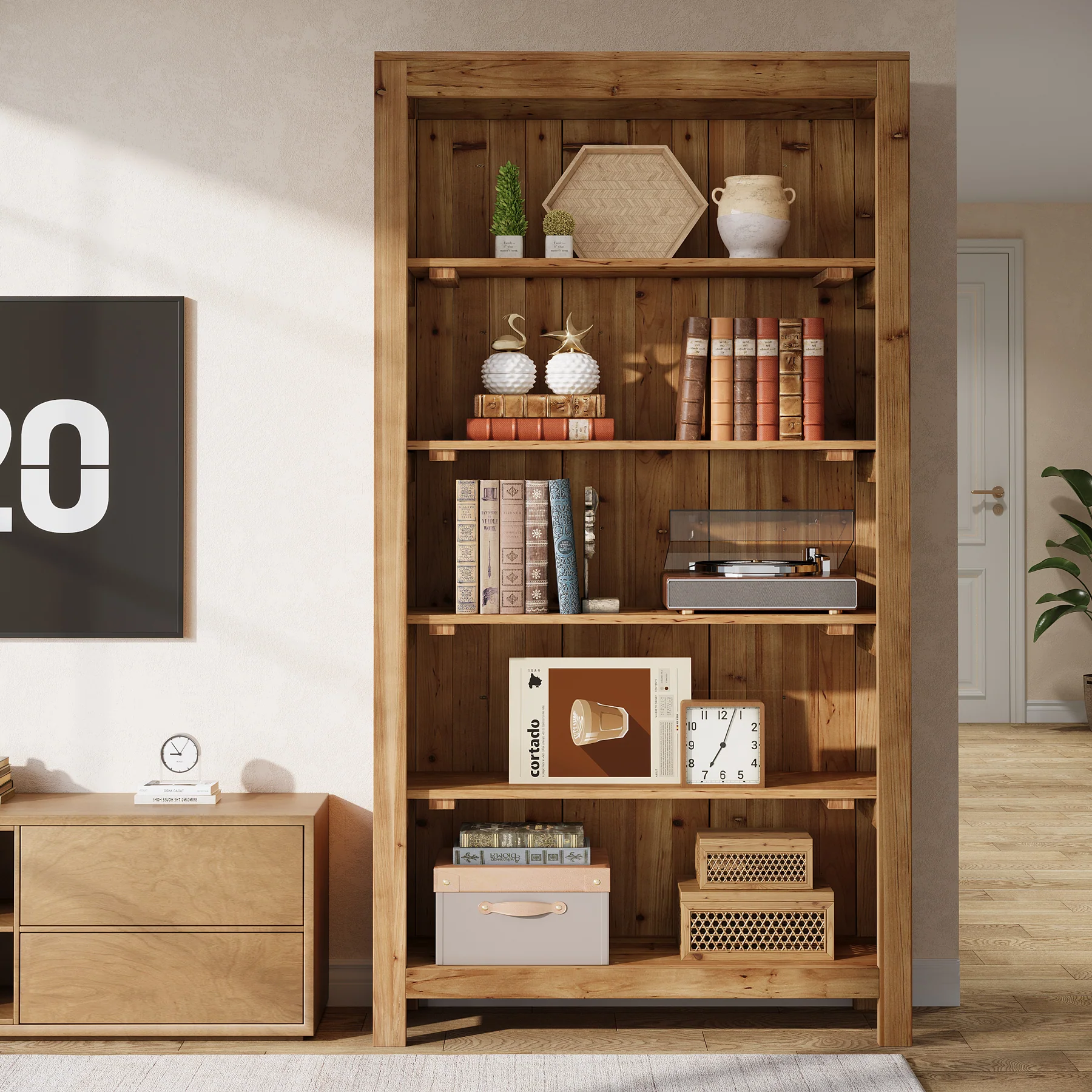 Solid Wood Bookcase, 5-Tier Bookshelf Display Storage Shelves - Image 4
