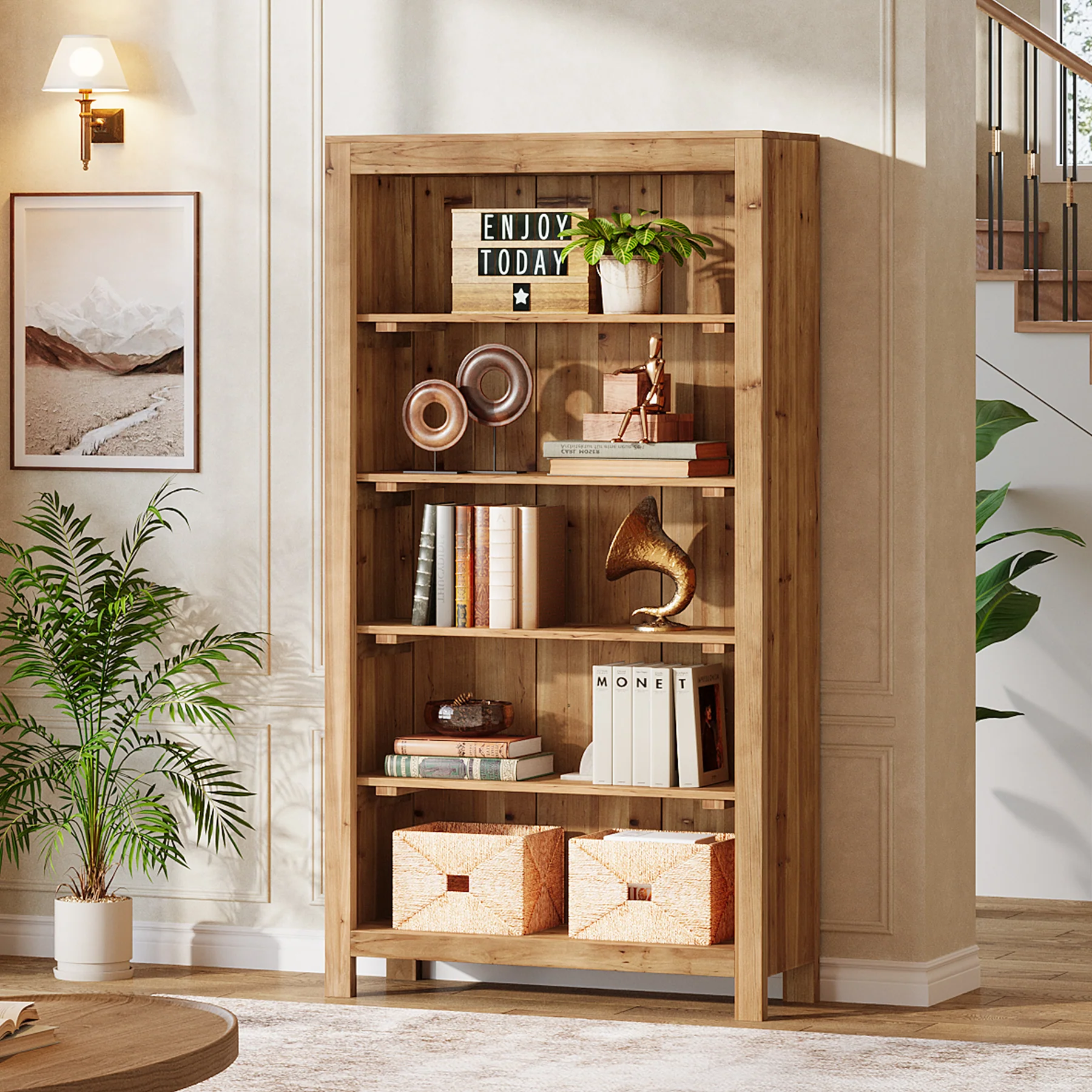 Solid Wood Bookcase, 5-Tier Bookshelf Display Storage Shelves - Image 7