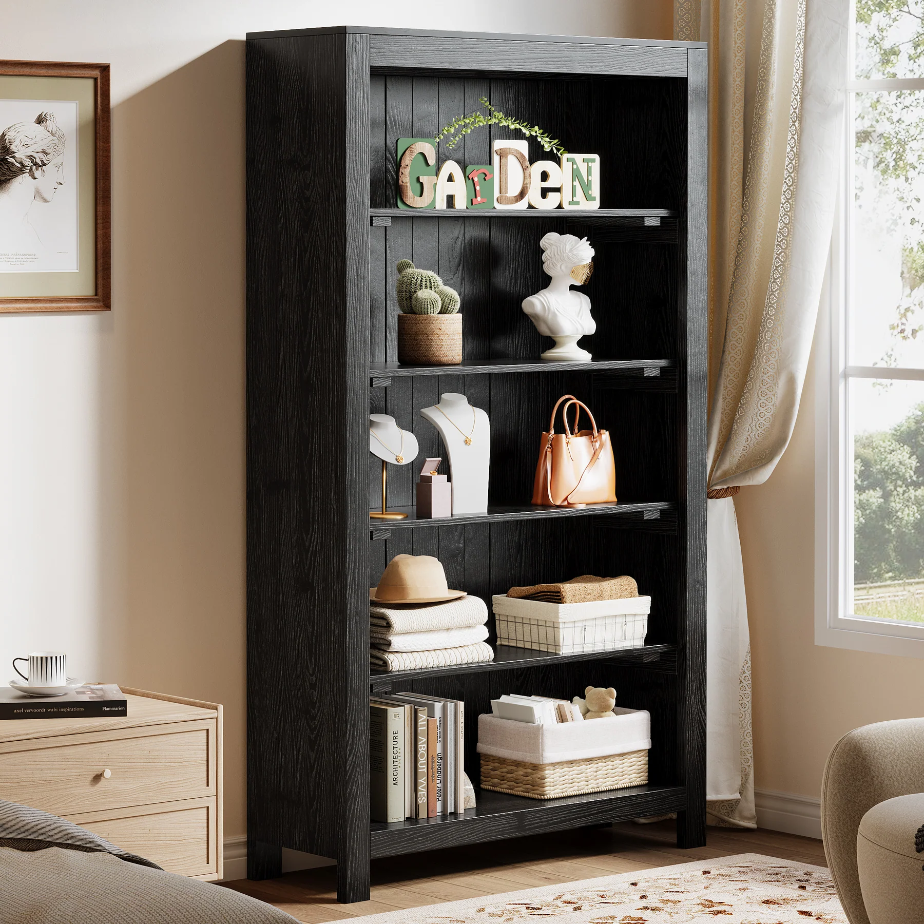 Solid Wood Bookcase, 5-Tier Bookshelf Display Storage Shelves - Image 9