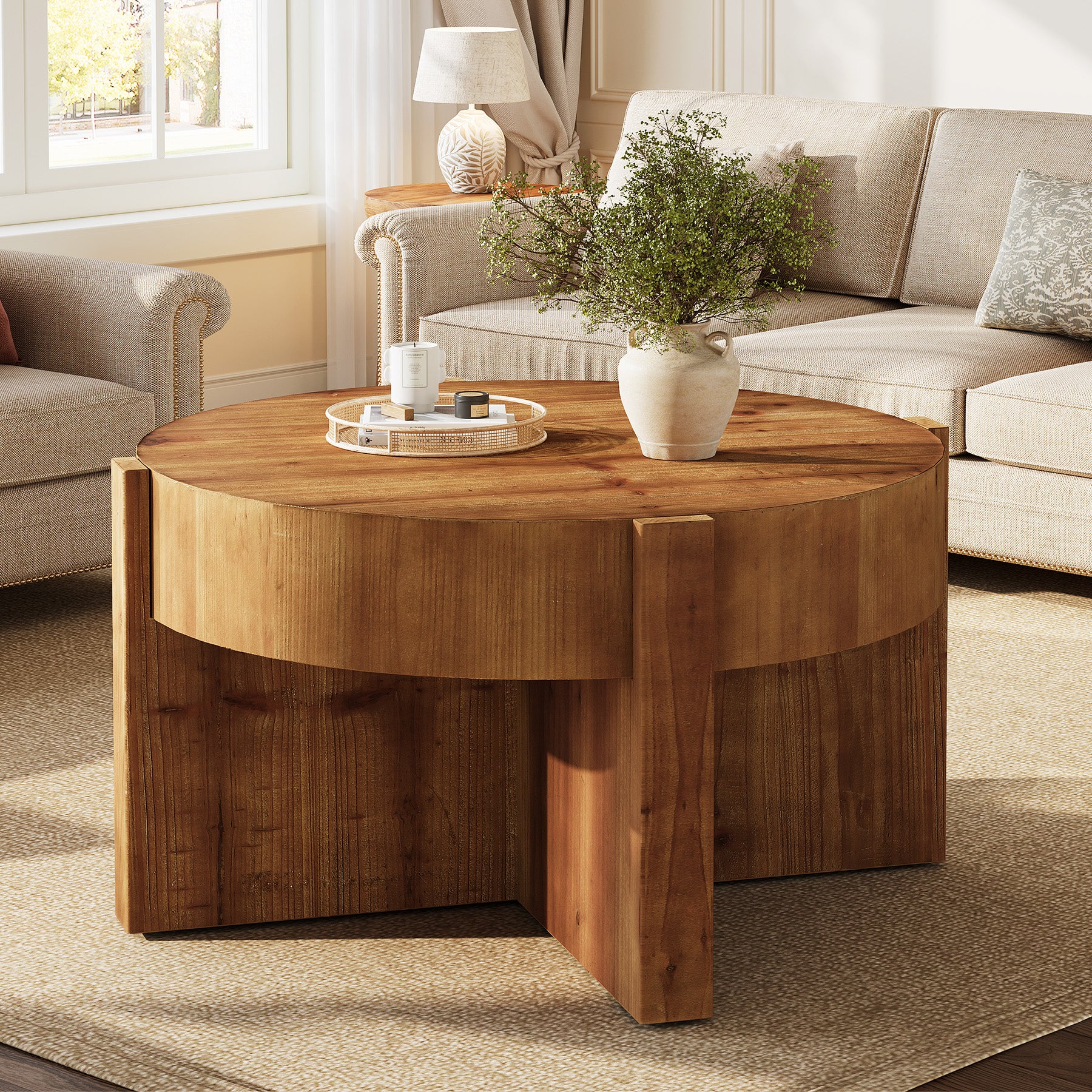 31.5" Round Coffee Table, Solid Wood Center Table with X-Shaped Legs - Image 4