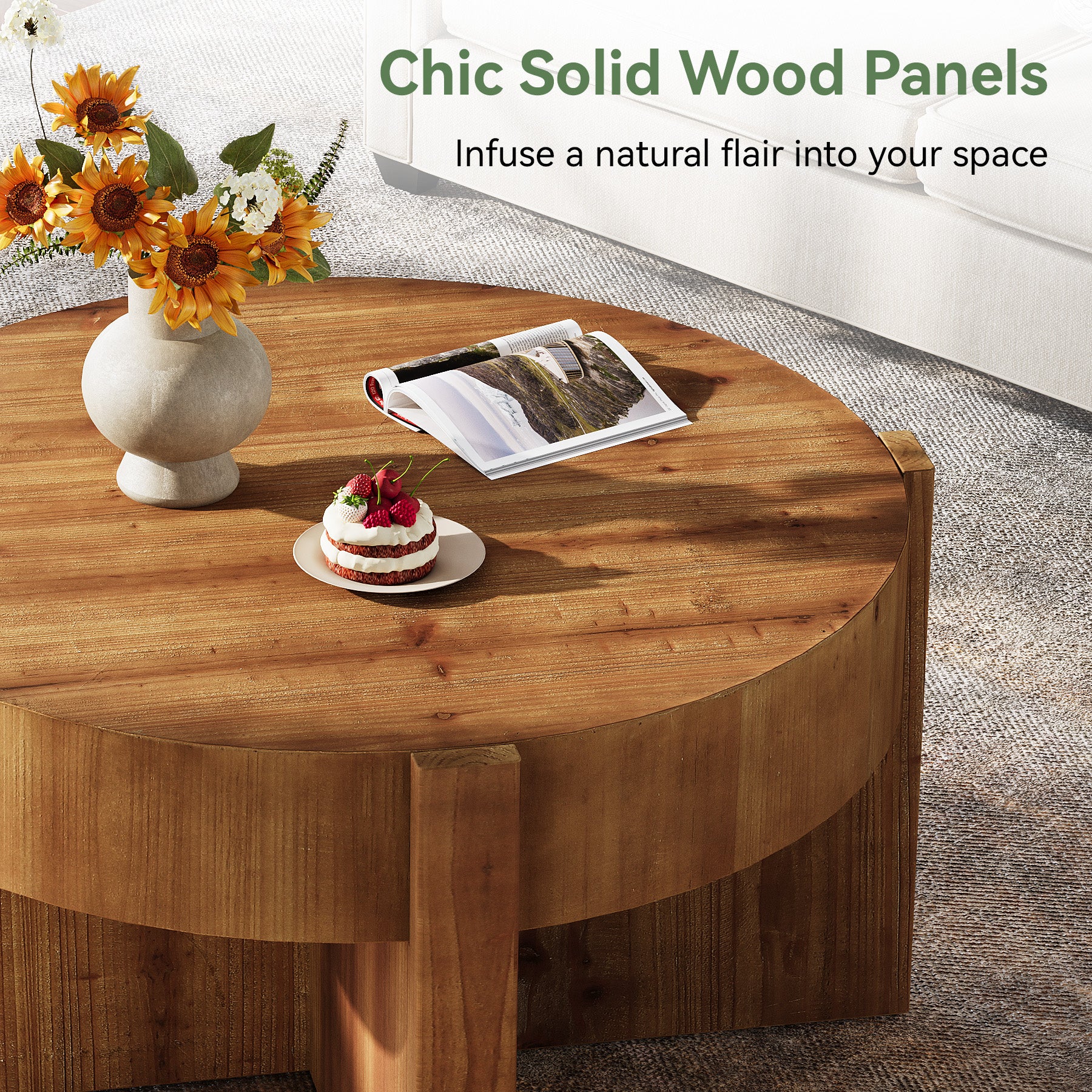 31.5" Round Coffee Table, Solid Wood Center Table with X-Shaped Legs - Image 5