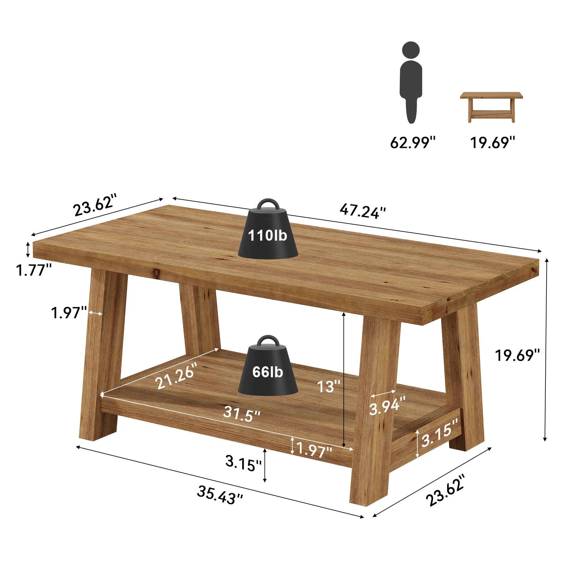 Solid Wood Coffee Table, 2-Tier Rectangle Center Table with Lower Storage Shelf - Image 2