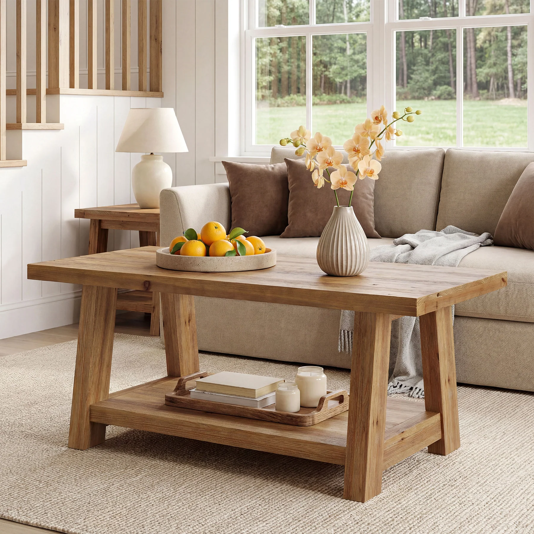 Solid Wood Coffee Table, 2-Tier Rectangle Center Table with Lower Storage Shelf - Image 3