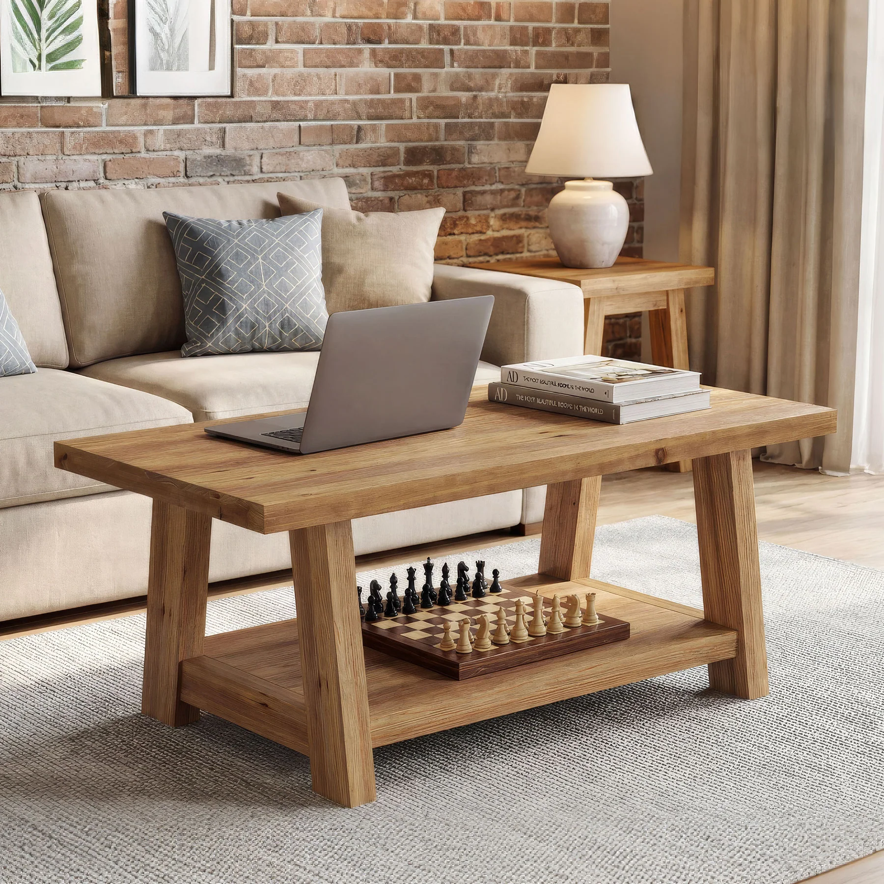 Solid Wood Coffee Table, 2-Tier Rectangle Center Table with Lower Storage Shelf - Image 4