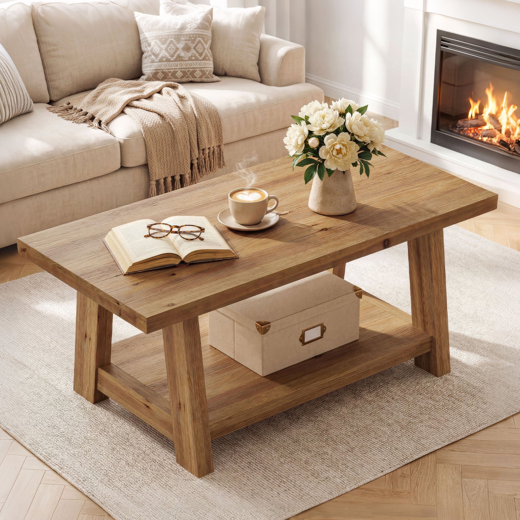 Solid Wood Coffee Table, 2-Tier Rectangle Center Table with Lower Storage Shelf - Image 5