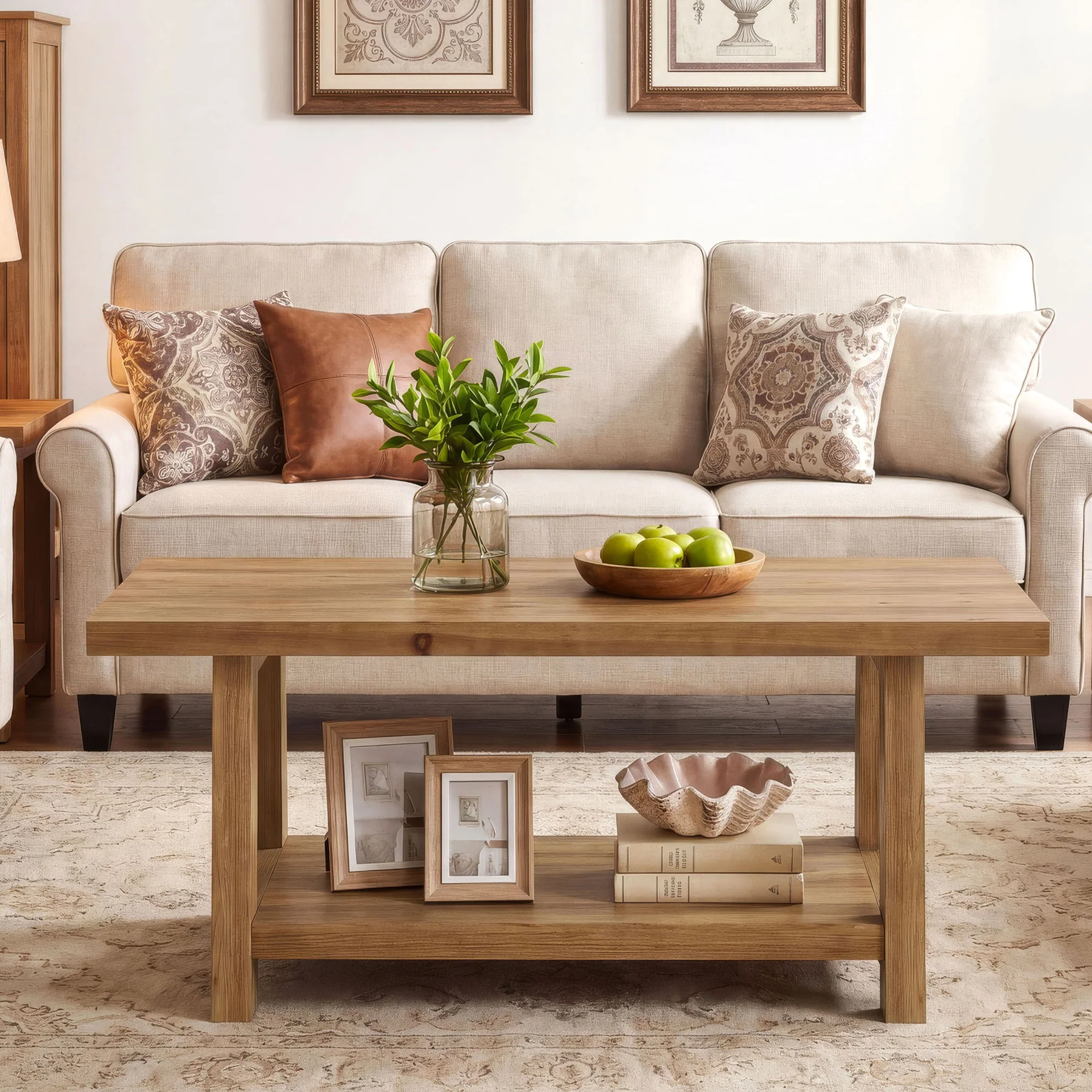 Solid Wood Coffee Table, 2-Tier Rectangle Center Table with Lower Storage Shelf - Image 6