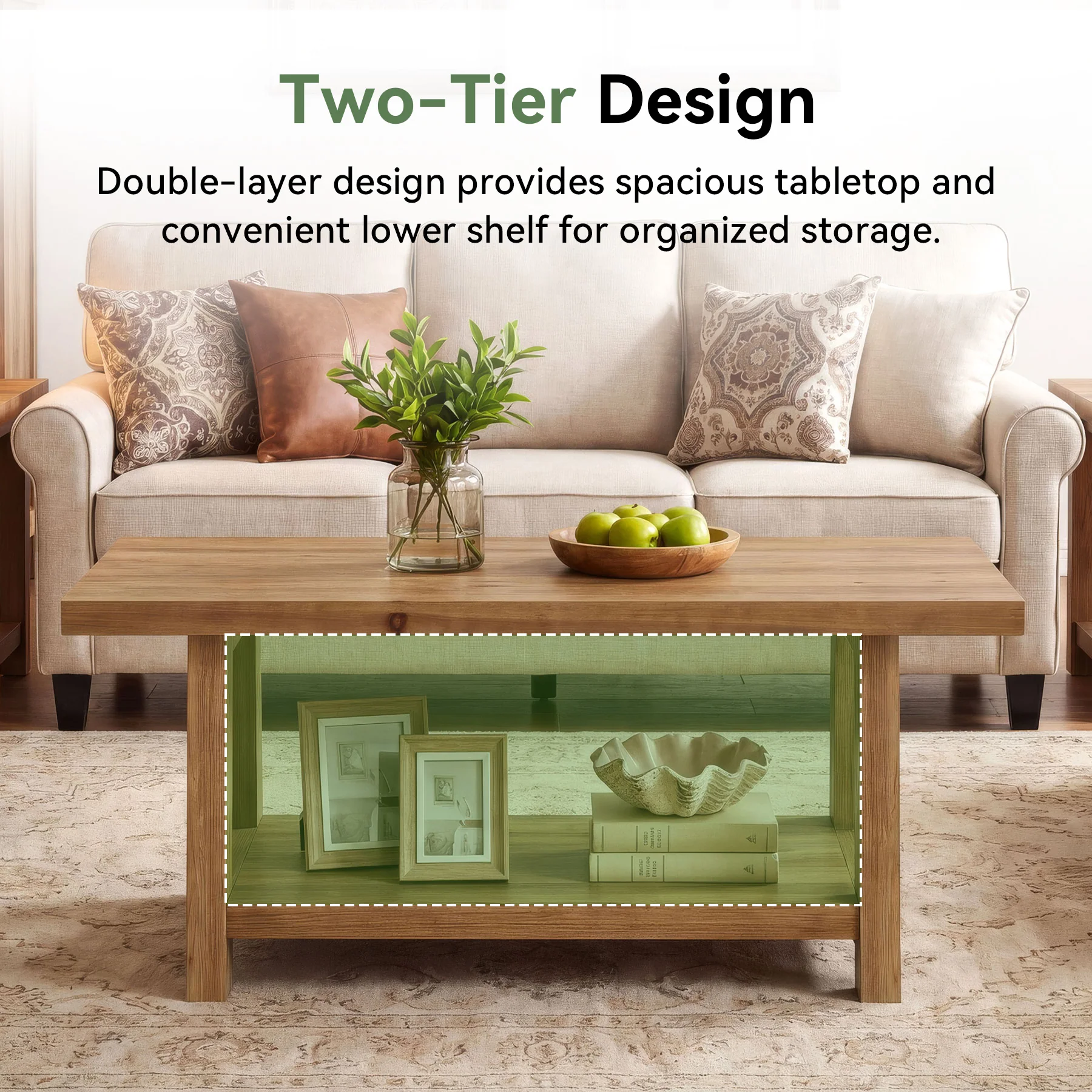 Solid Wood Coffee Table, 2-Tier Rectangle Center Table with Lower Storage Shelf - Image 7