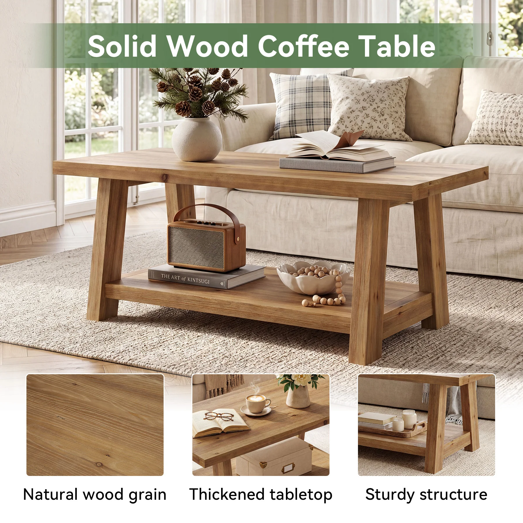 Solid Wood Coffee Table, 2-Tier Rectangle Center Table with Lower Storage Shelf - Image 8