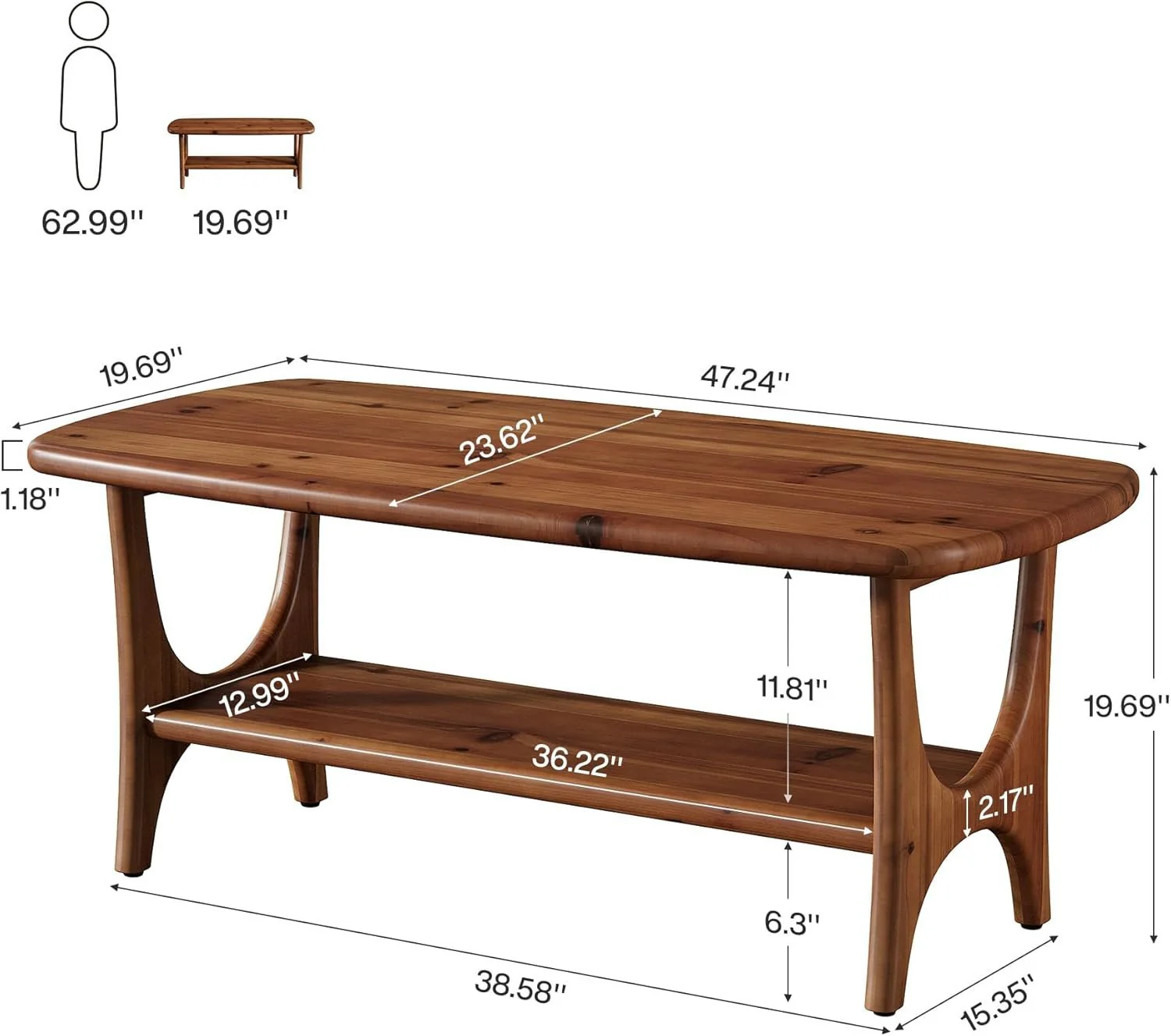 Solid Wood Coffee Table, 47.24” Rectangle Center Table with 2-Tier Storage - Image 2