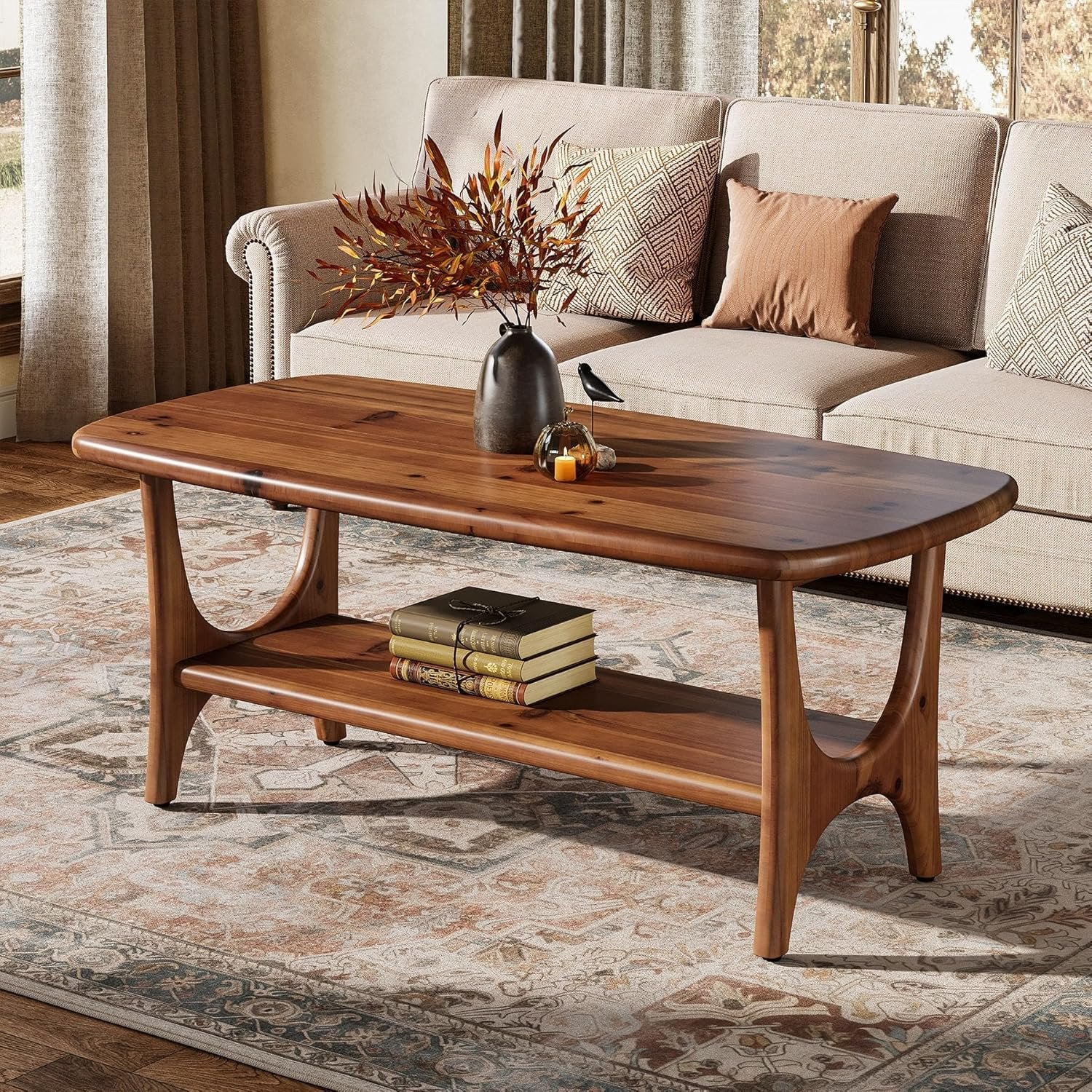 Solid Wood Coffee Table, 47.24” Rectangle Center Table with 2-Tier Storage - Image 3