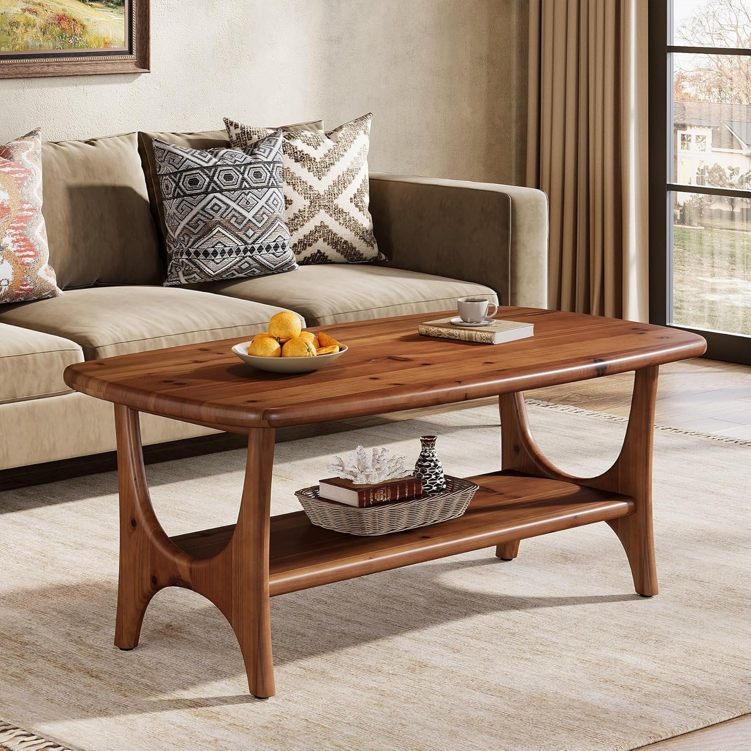 Solid Wood Coffee Table, 47.24” Rectangle Center Table with 2-Tier Storage - Image 4
