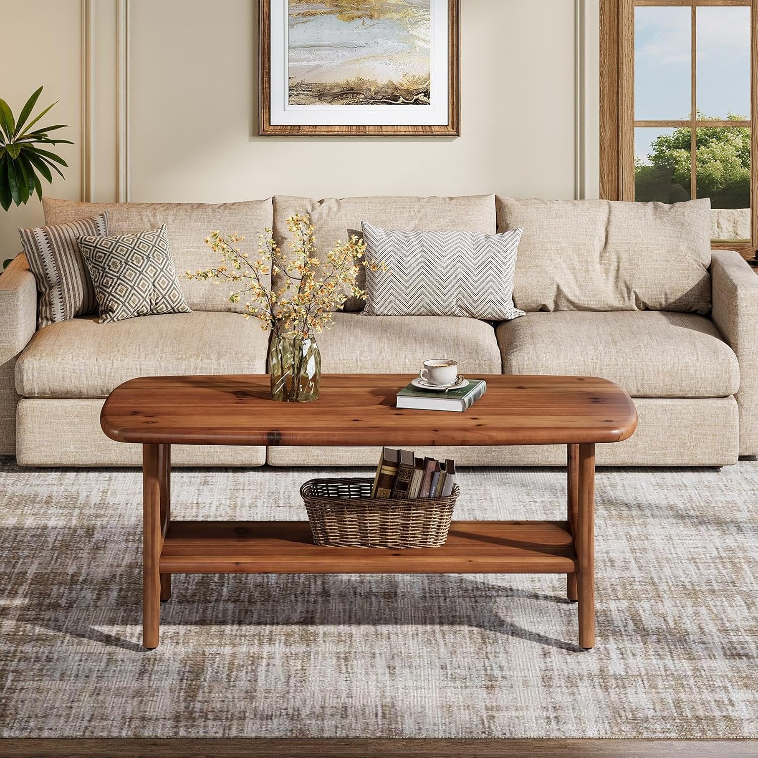Solid Wood Coffee Table, 47.24” Rectangle Center Table with 2-Tier Storage - Image 5