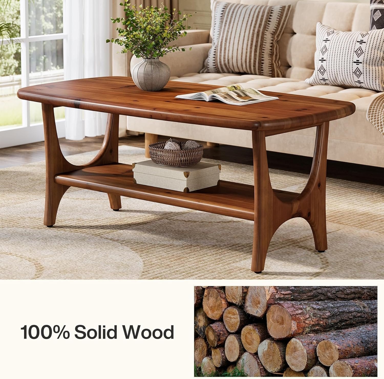 Solid Wood Coffee Table, 47.24” Rectangle Center Table with 2-Tier Storage - Image 6