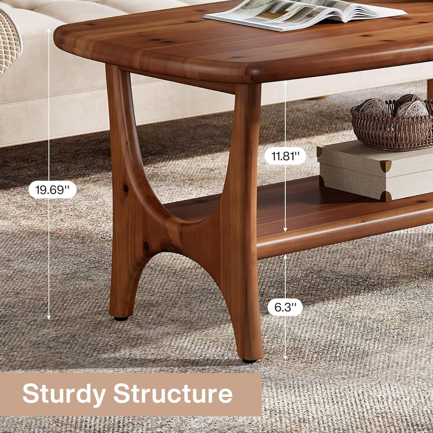 Solid Wood Coffee Table, 47.24” Rectangle Center Table with 2-Tier Storage - Image 7